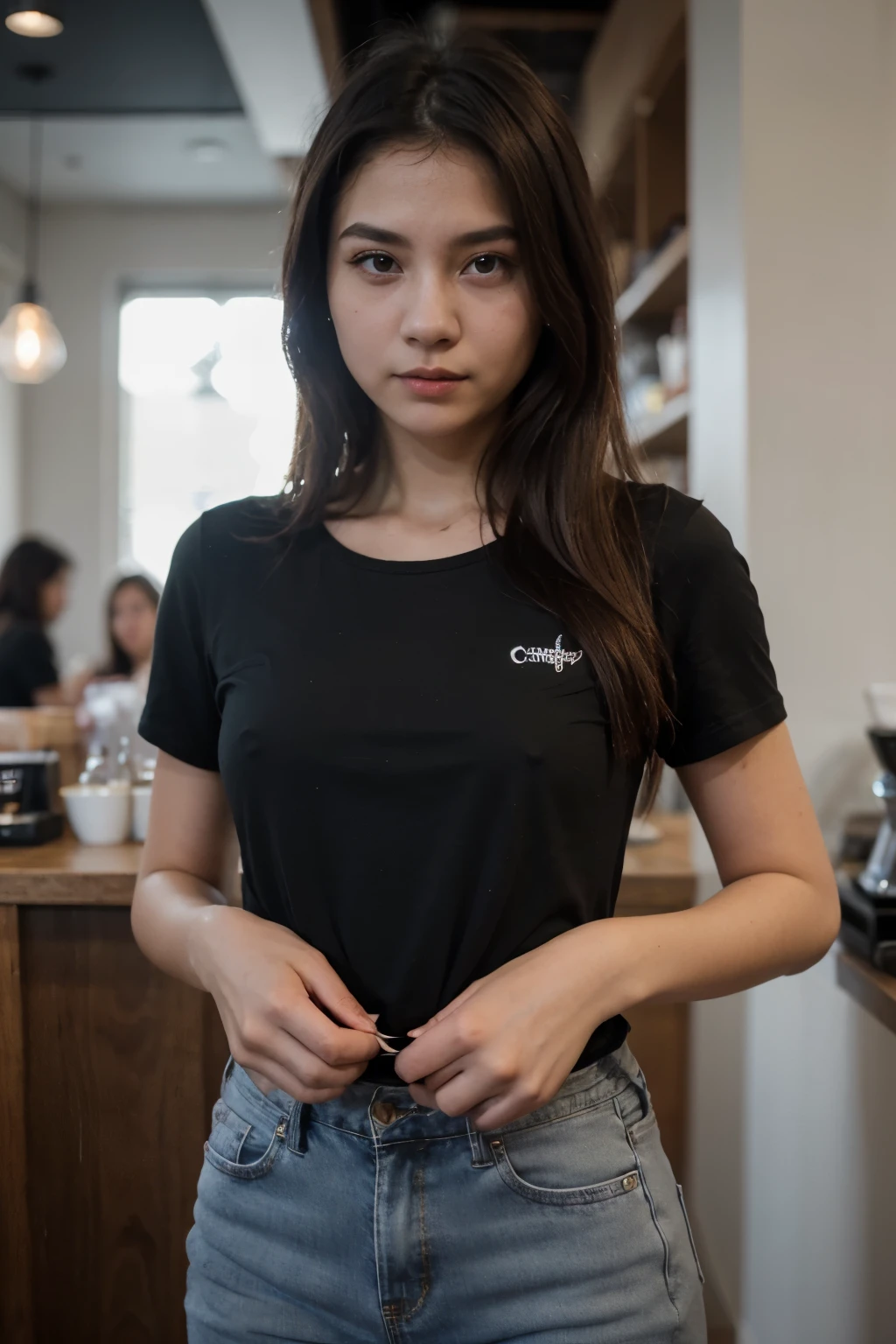 1 girl, long hair, Black T-shirt , Jeans, coffee shop background , Shot with Canon EOS 5D, best quality, Ultra high resolution , Masterpiece, White skin in real life , beautiful eyes, Beautiful fingers, and detailed Thai faces,