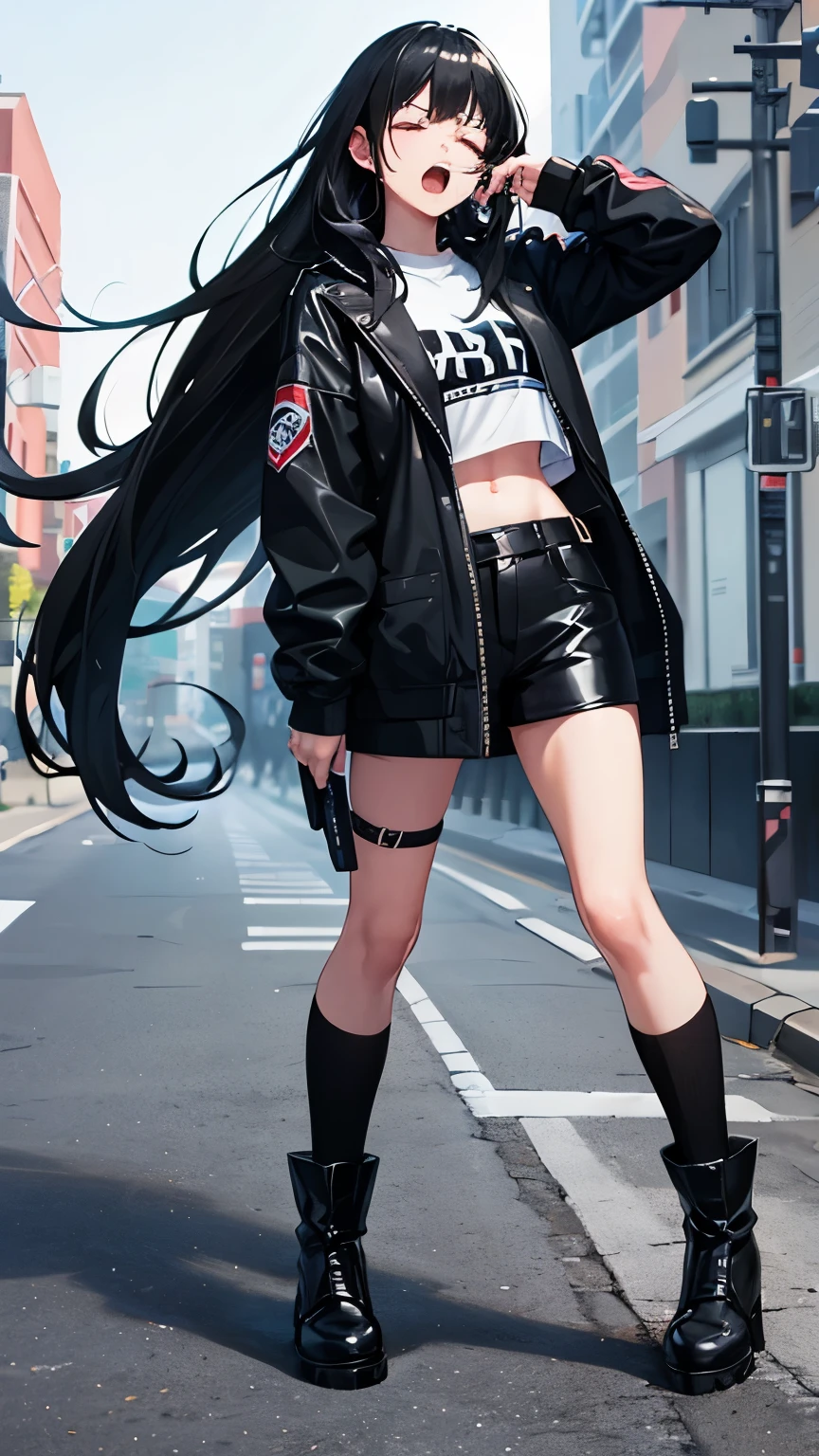 Cool girl, long black hair, belly button exposed, wearing black crew socks, boots, wearing a jacket, attacked from behind, screaming with eyes closed, full body picture