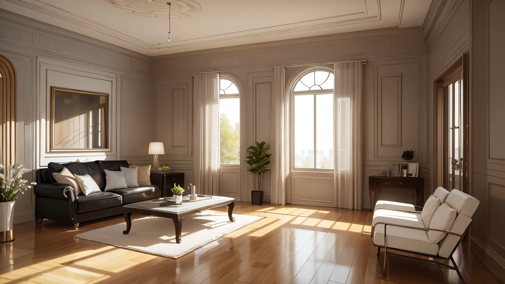 You are a famous interior designer、You have been asked to create a 3D image of a modern large room. Create a harmonious environment with modern and minimalist furniture. Including garden interior.