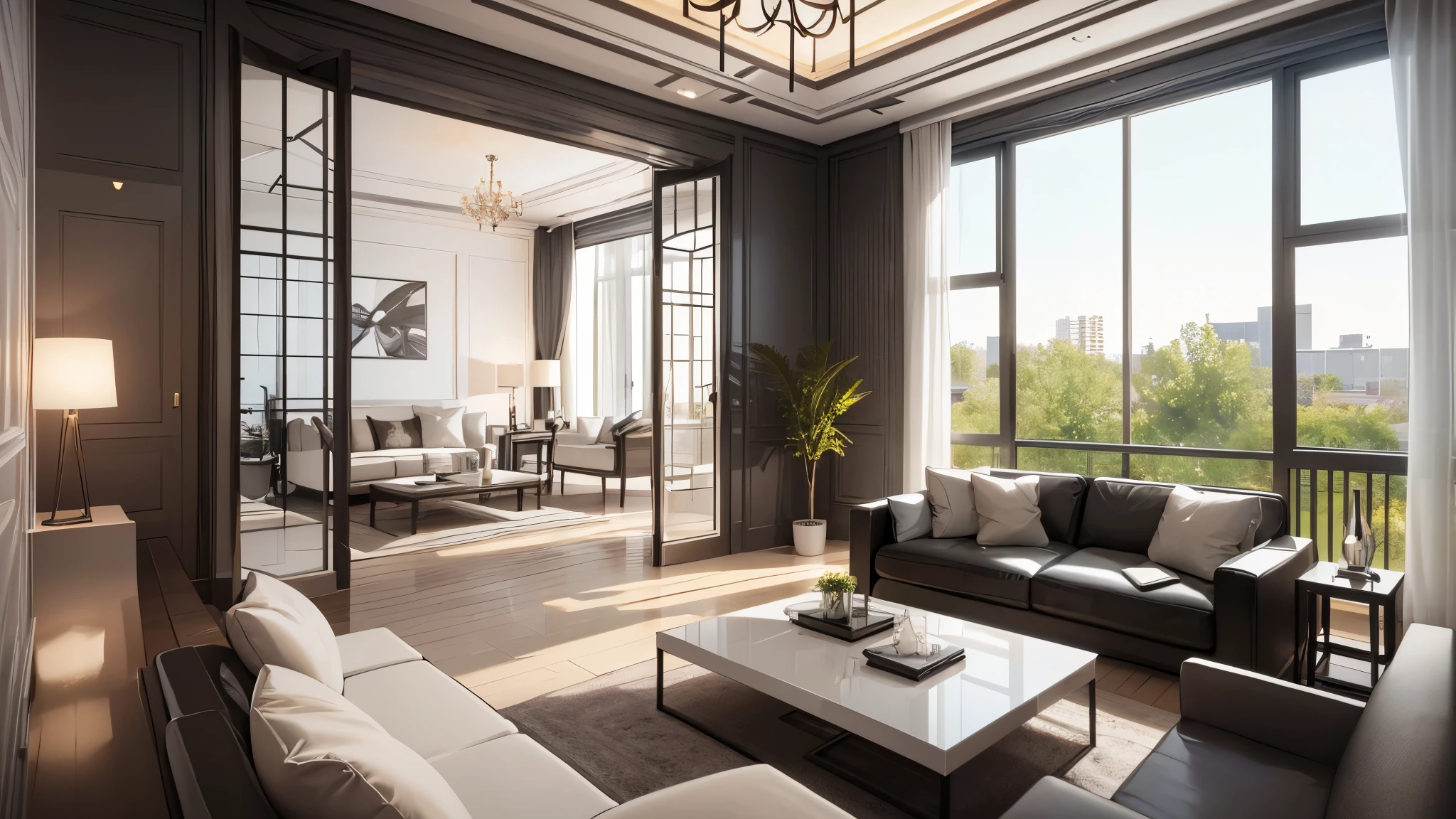 You are a famous interior designer、You have been asked to create a 3D image of a modern large room. Create a harmonious environment with modern and minimalist furniture. Including garden interior.