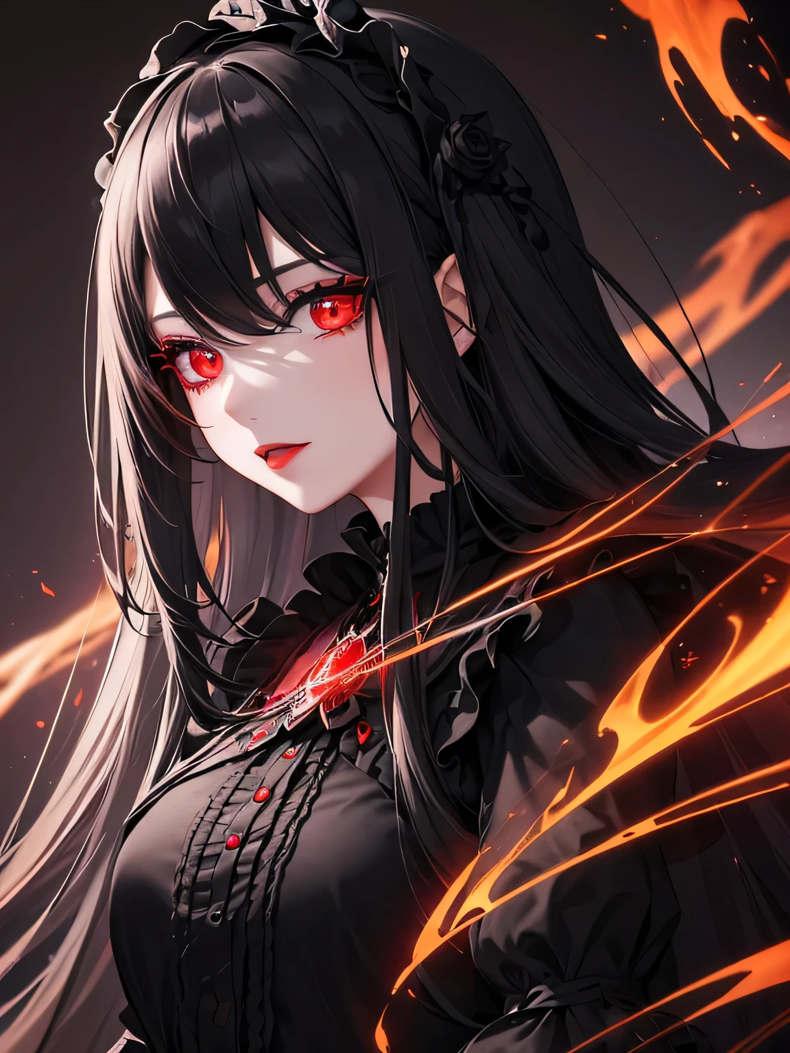 a beautiful young woman, 1 girl, detailed face, twin tails, colorful hair with black roots and red tips, wearing a red shirt with silver patterns, witch's hooded cloak, black leather pants, expressive detailed eyes, collar, jewelry, smile, hyperrealistic, video game rendering effect through ink overlay, white background, blood black shadow overlay effect, shading effect, red dualization effect, bloody ink, liquid ink rendering, hyperrealistic Sumi-e liquid ink painting, high detail, intricate details