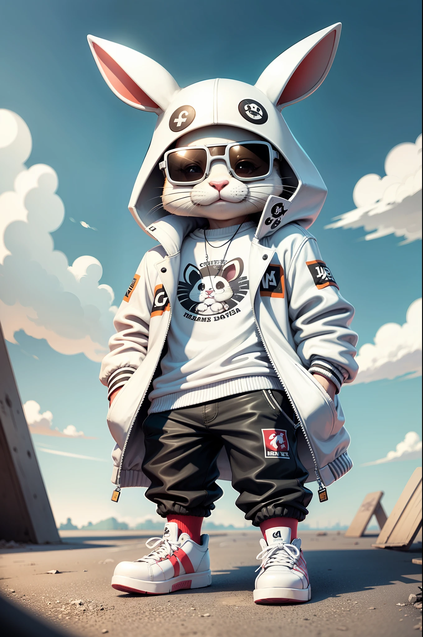 C4tt4stic, Cartoon Rabbit in jacket white and skateboard, Sunglasses,