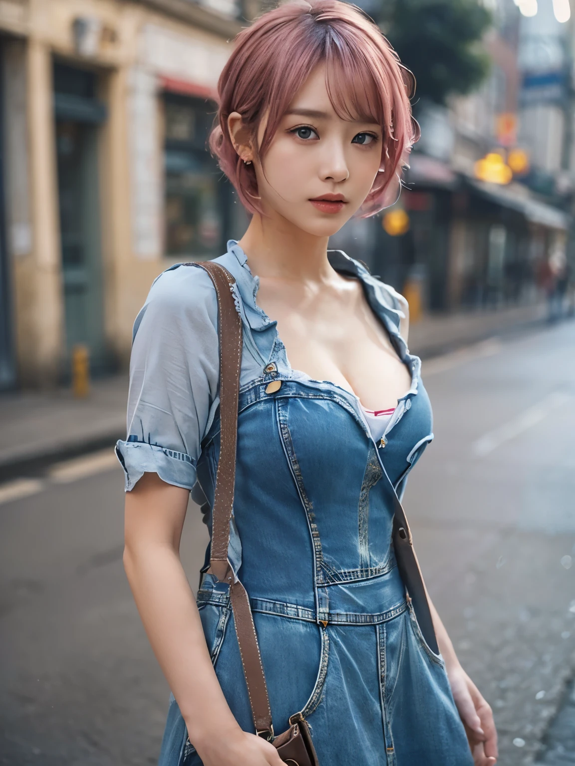 Photo realistic, High resolution, detailed background, detailed beautiful skin, detailed nose, soft lighting, (solo shot:1.23), (upper body:1.1), closed shot, (breast focused:1.3), looking at viewer, (((nice hand, perfect hand))), clear eyes,// japanese lady,cleavage, pale skin, mega breasts, 20 year old, // (((wearing Modified denim Maxi Dress))),//short hair, wet pink hair, street snap, ((facing viewer)), at the street, ((standing)),