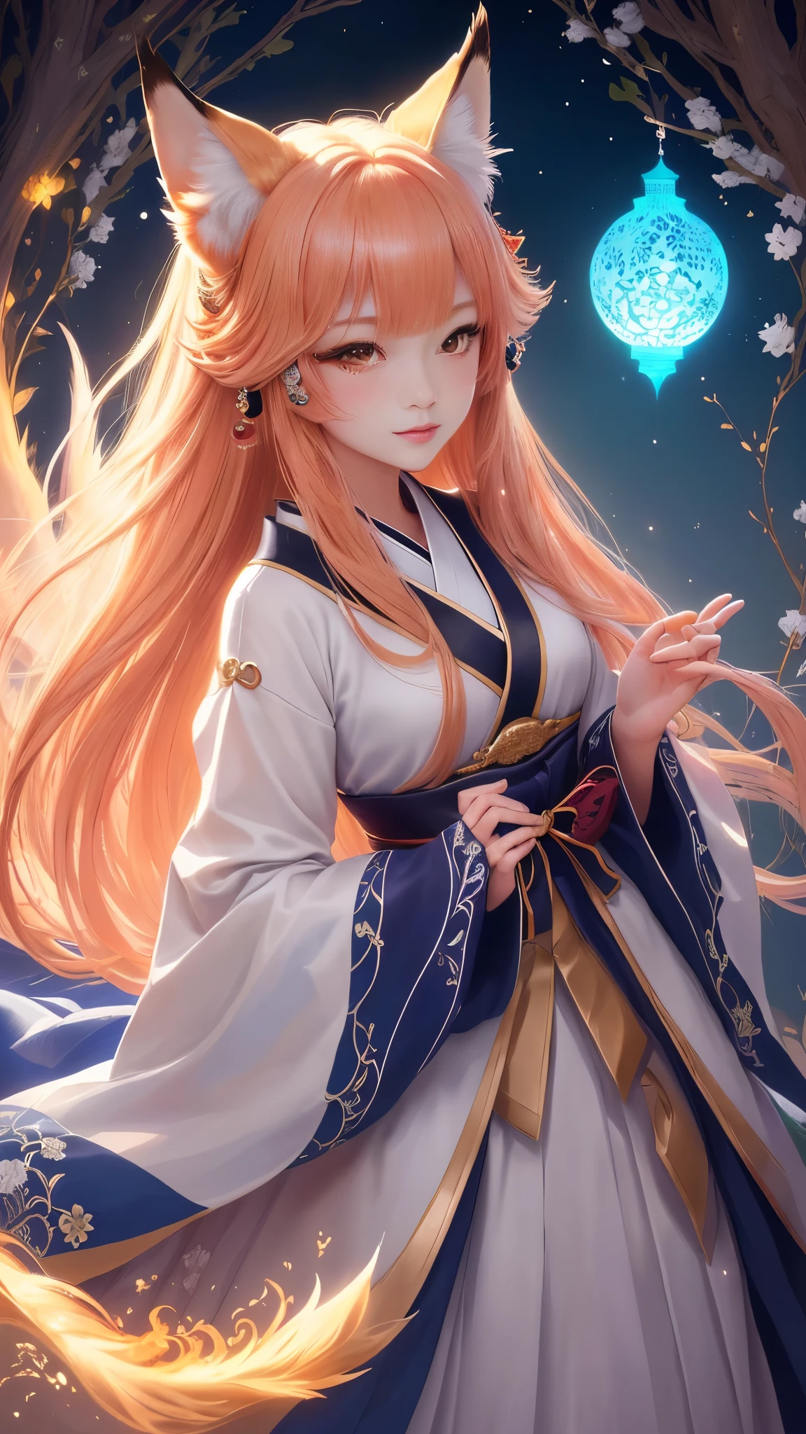 Close-up, masterpiece, beautiful details, colorful, delicate details, delicate lips, intricate details, genuine, ultrargenuineista, 枝に座っている色とりどりの髪のFoxを持つ女の子:sexy, fascinating, ,色とりどりのFox, raposa de nine tails, 三尾Fox, 三尾Fox, onmyoji detailed art, beautiful fine art illustration, mythical creatures, Fox, beautiful digital art,shrine maiden,japanese architecture,hold hands,exquisite digital illustration, mizutsune, Inspired by mythical wild web creatures, pixiv in digital art, shining light, high contrast, Mysterious,枝に座っている色とりどりの髪のFoxを持つ女の子,front,looking at the camera