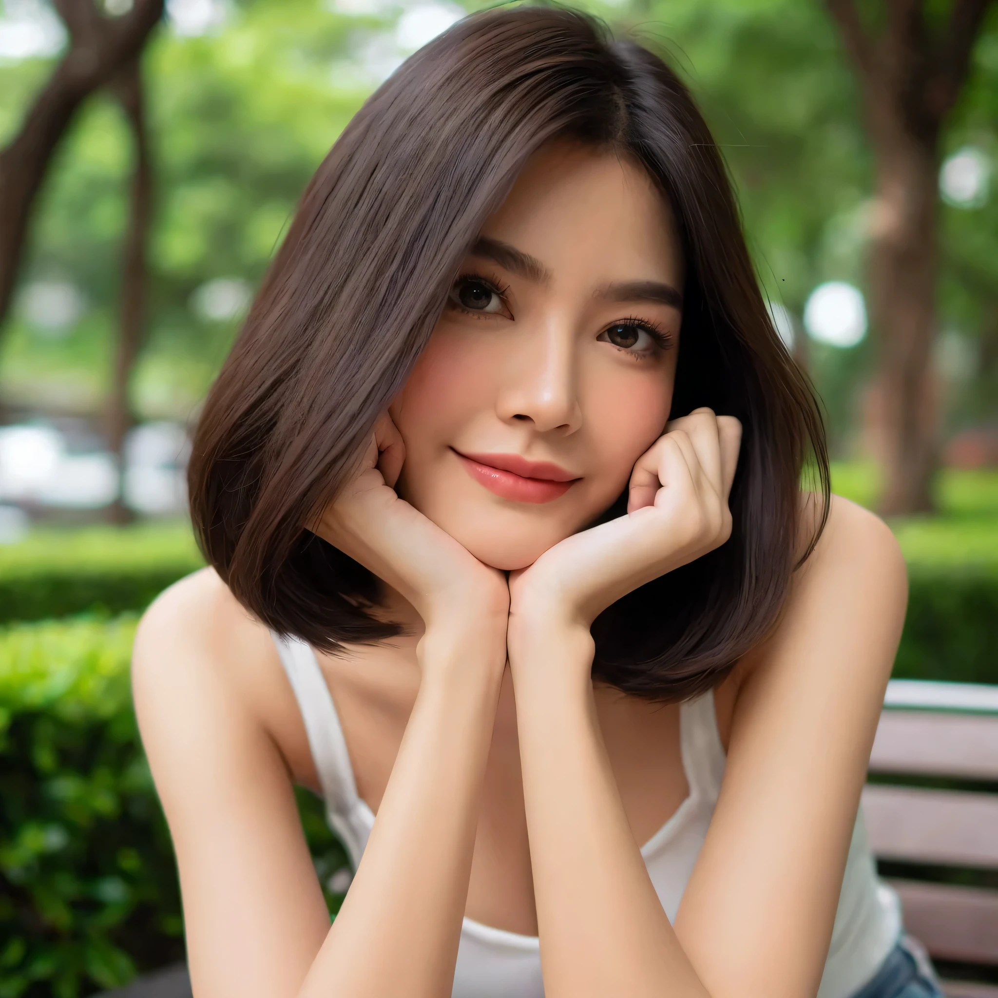A 30 years old gorgeous Thai woman with bob hair, sitting in a Bangkok Nature park with a flirtatious look, and her face resting on both her hands.