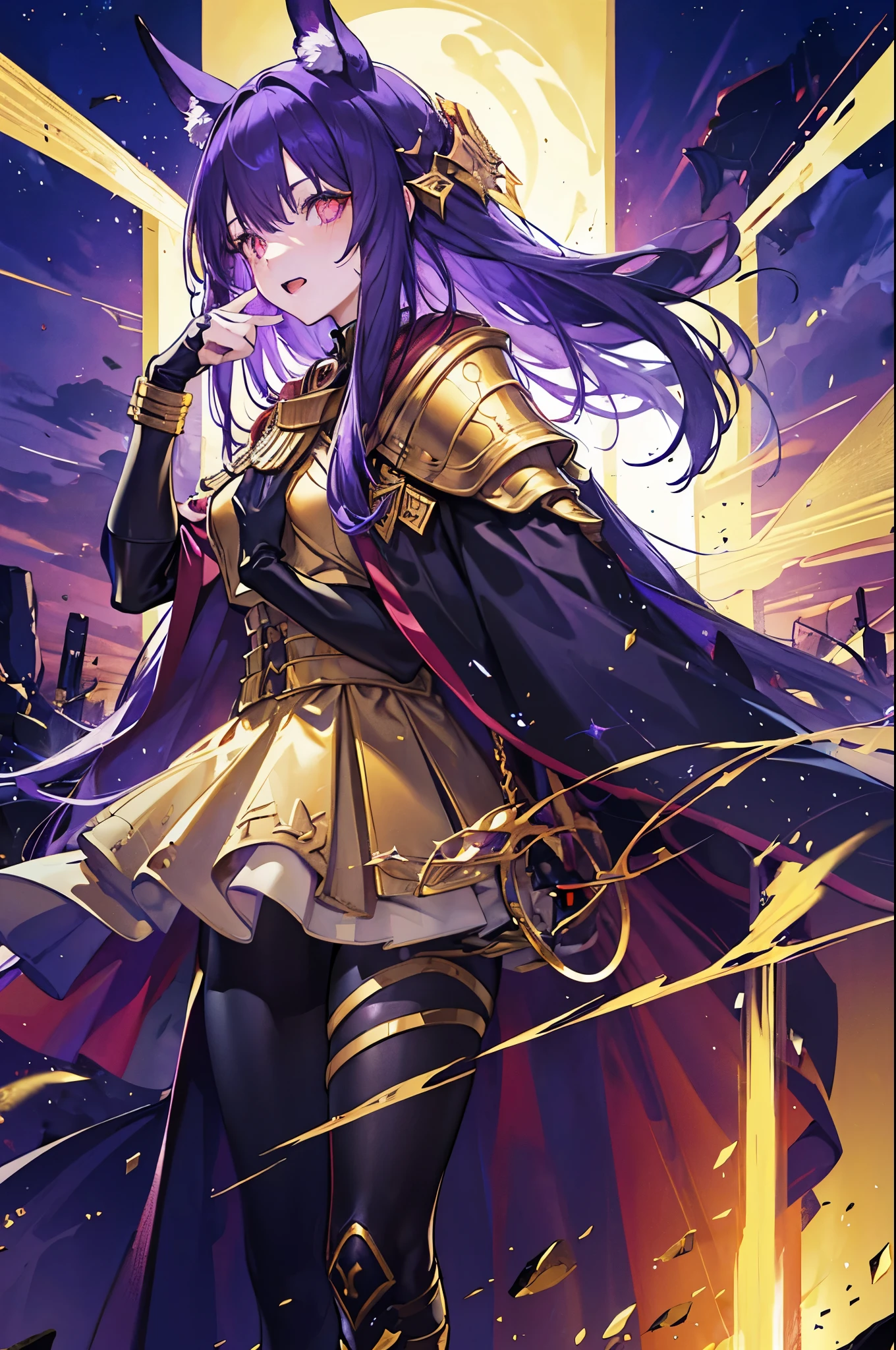 girl，long purple hair，golden eyes，long dog ears，Anubis，glowing eyes，glowing eyes，gold armor，red cloak，sea of stars，starry sky，golden sickle，poster，Tyndall effect，epic，gods，Sand，warrior