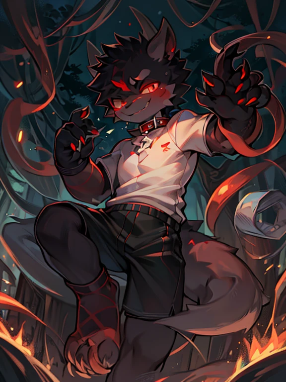 Artificial Intelligence Dragon Man，full body portrait，the only person，solo，Furry orcs，dragon wolf hybrid，male，正确的male身体比例，exhibit，black shorts。A pair of dragon wings，black dragon horns，Pure dark skin，Demon avatar，Small eyes on the skin，Tentacles grow on the body，red striped，sharp claws，Slobber，dark circles，red eyes，glowing eyes，Sports socks，White satchel，Play in the forest，Lovely，Charm，Handsome，A knowing smile，Open palms，Lovely肉垫，collar