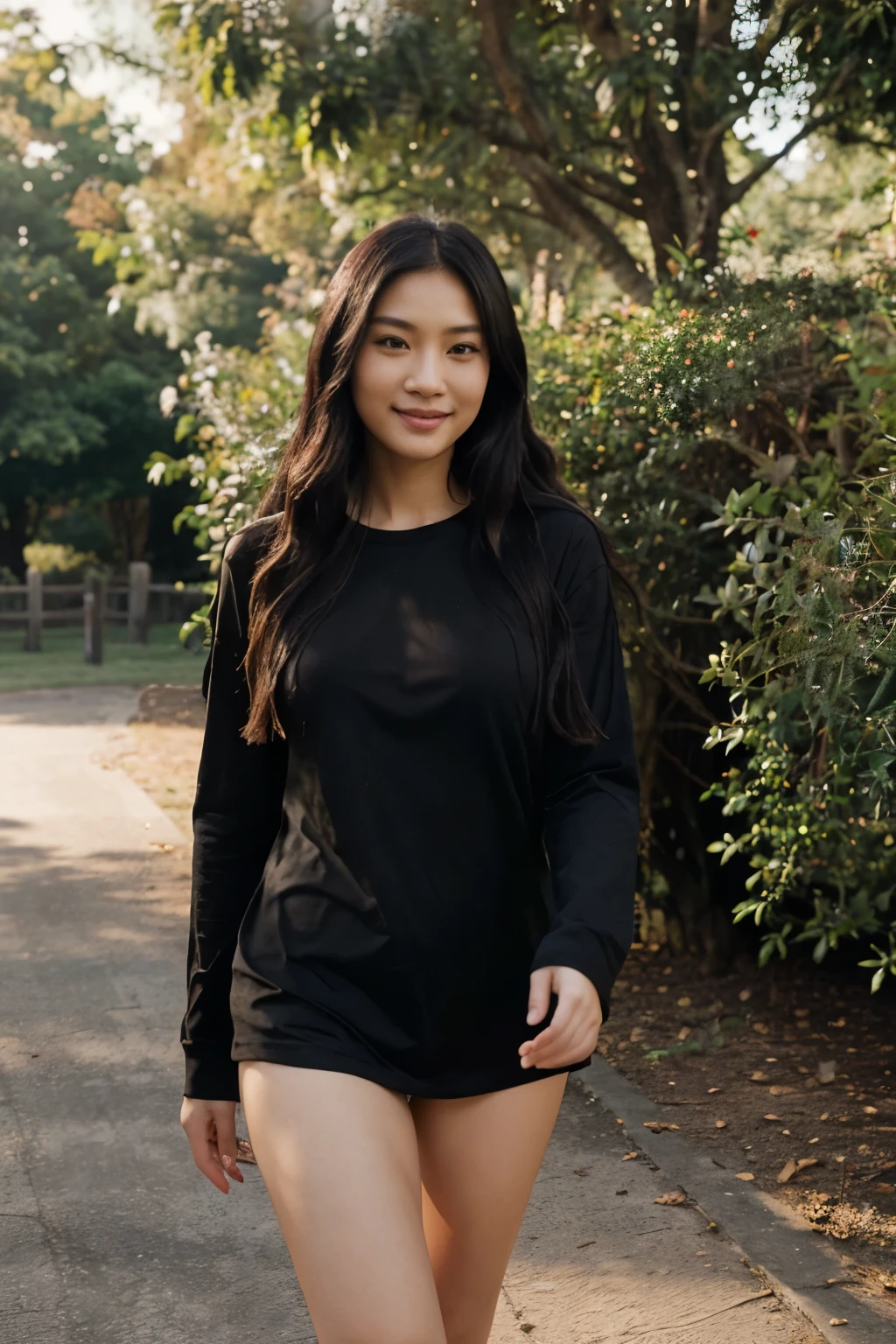 ((perfect photograph)), ((realistic)), ((8k)), (perfect face), gorgeous Asian women wearing a straight long black t-shirt, walking towards camera, outdoors, lots of light, some plants, long wavy hair, smiling, big tree far in the background