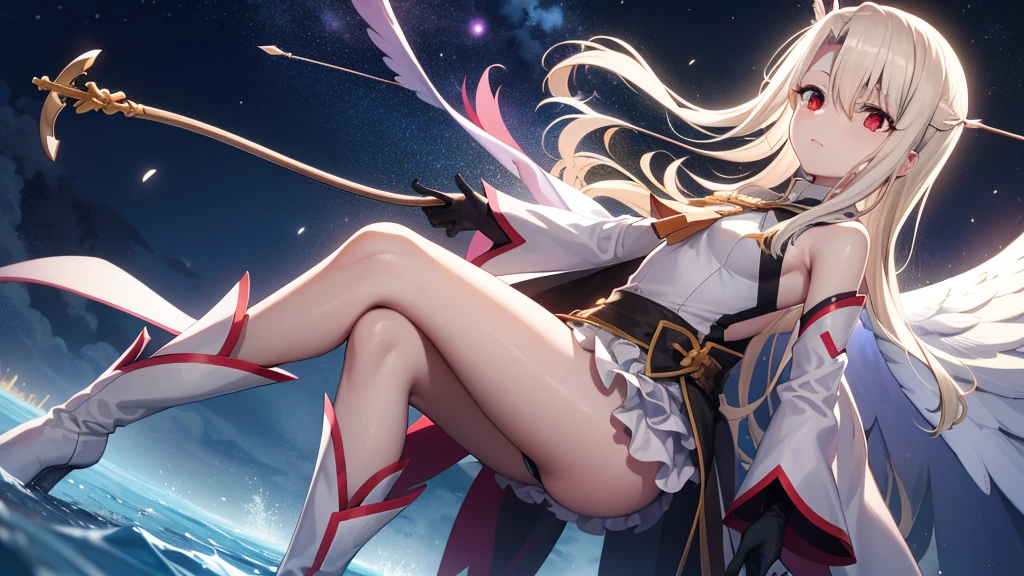 Illyasviel von Einzbern, blonde hair, hair between eyes, long hair, (red eyes:1.5),
 boots, Detached sleeves, , White gloves, Blue cloak robe, absolute chance,holding a bow and arrow，shooter，Traveling to the stars，Searching for stars at night，Wisdom field，Fall of Kongyu，divine water element