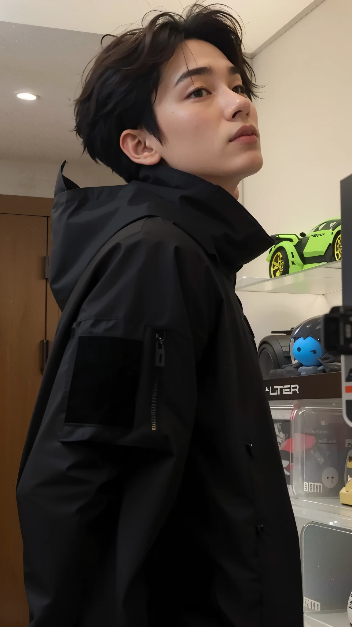 there is a man standing in front of a window with toys, wearing japanese technological clothing, vestindo jaqueta cyberpunk 2 0 7 7, wearing space technological clothing, technological clothing look and clothes, Kim Doyoung, Jungkook, foto do perfil 1024px, technological clothing clothes, pintar ulzzang, technological clothing, technological clothing fashion, foto de perfil, cyber future jacket