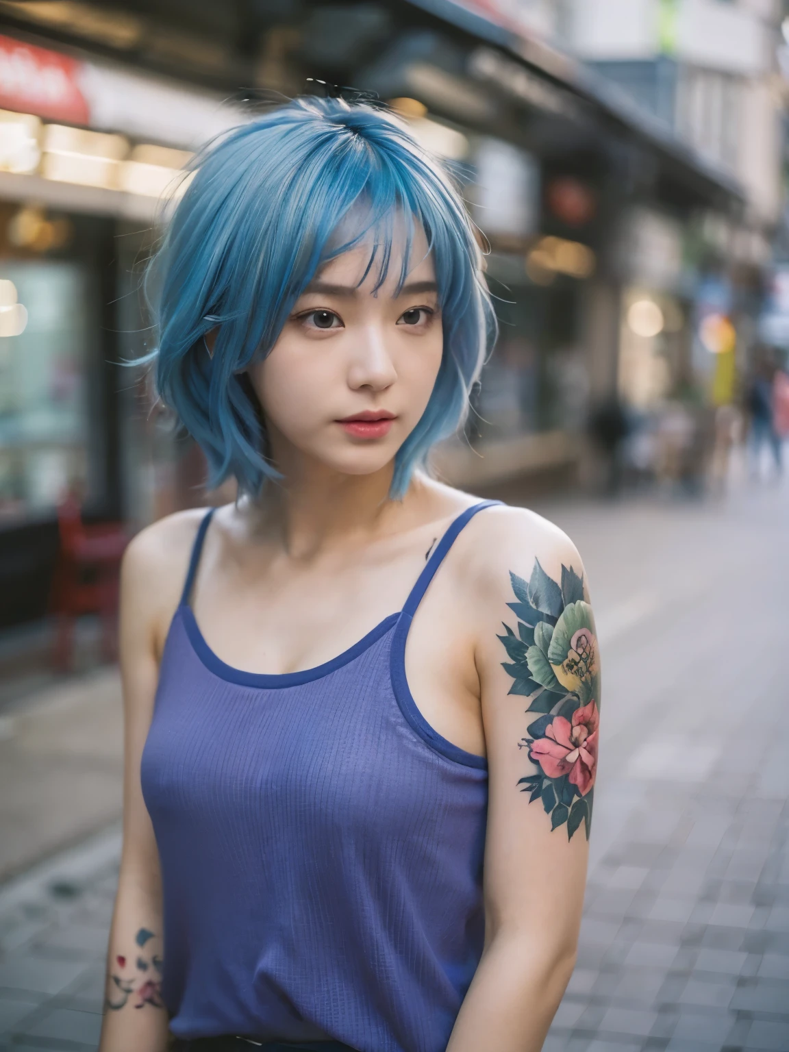 full body tattoo, Photo realistic, High resolution, detailed background, detailed beautiful skin, detailed nose, soft lighting, (solo shot:1.23), (upper body:1.1), closed shot, (breast focused:1.3), looking at viewer, (((nice hand, perfect hand))), clear eyes,// japanese lady,cleavage, pale skin, mega breasts, 20 year old, // (((wearing tanktop with hort hair, blue hair, street snap, ((facing viewer)), at the street, ((standing)),
