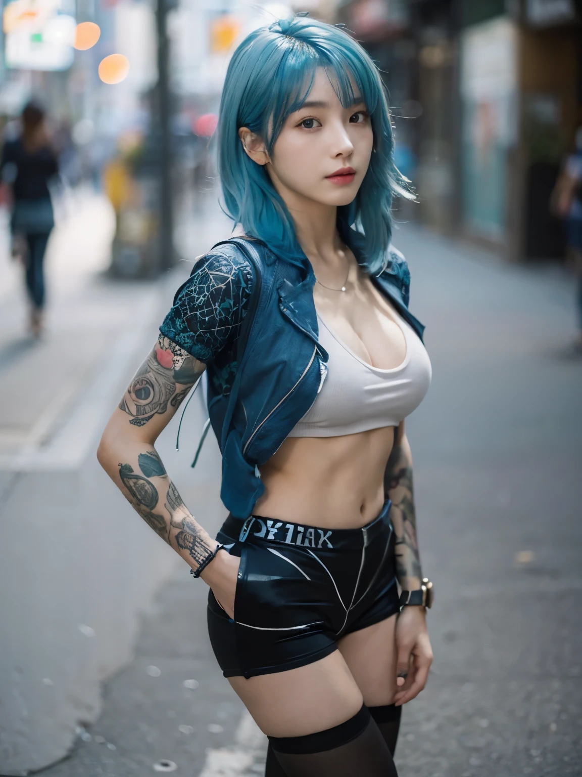 Arafed Mujer con tatuajes y un sombrero de pie en una patineta, sujetador y pantalones cortos streetwear, con tatuajes, Ella lleva ropa de calle, Mujer en streetwear, Parece una mezcla de grimes, Parece una mezcla de mugres, her belly button is exposed, Entintado, de chica taiwanesa con tatuajes, tatuado, Parece una mezcla de grimes, Aspecto genial, Cutecore