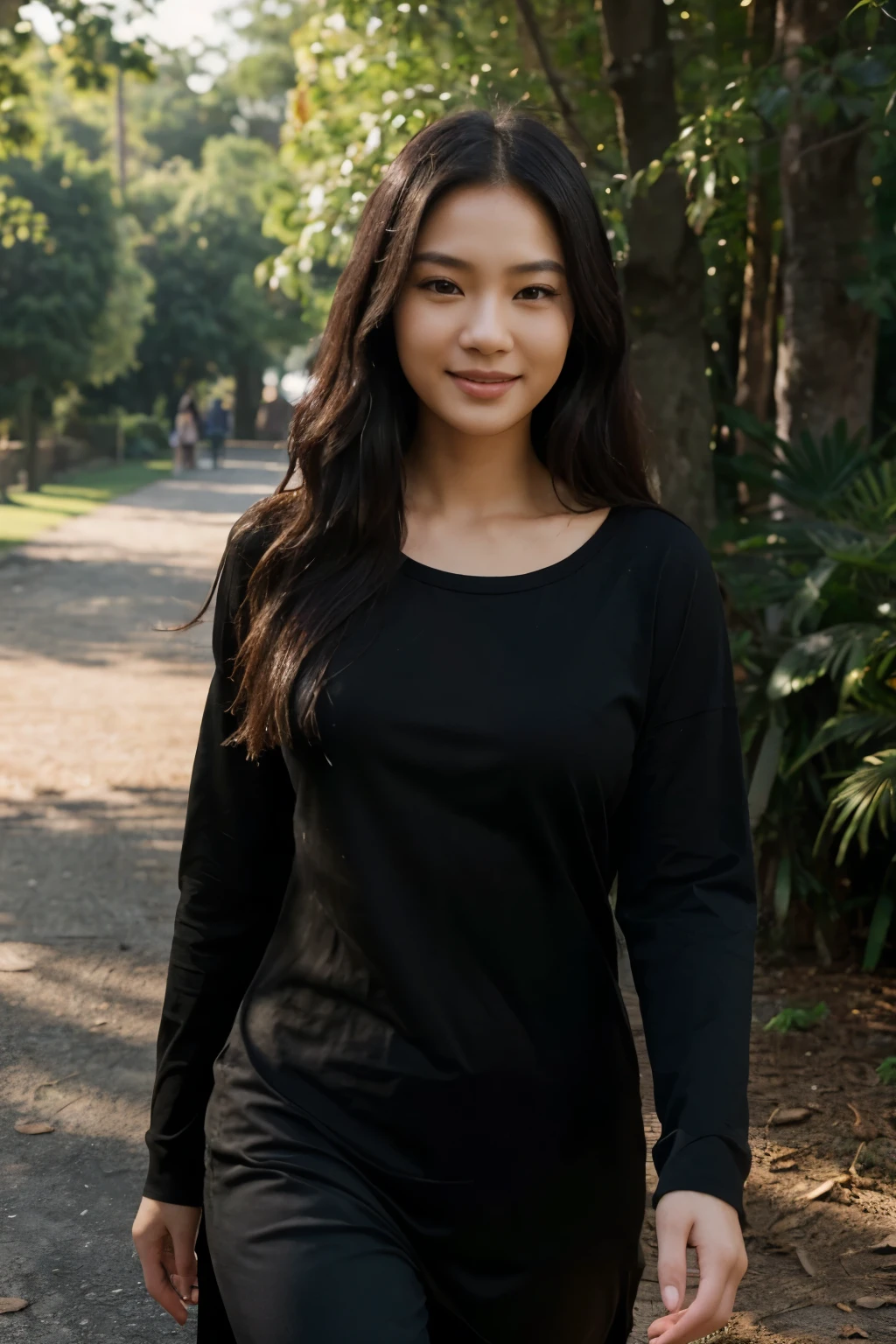 ((perfect photograph)), ((realistic)), ((8k)), (perfect face), gorgeous Asian women wearing a straight long black t-shirt, walking towards camera, outdoors, lots of light, some plants, long wavy hair, smiling, big tree far in the background