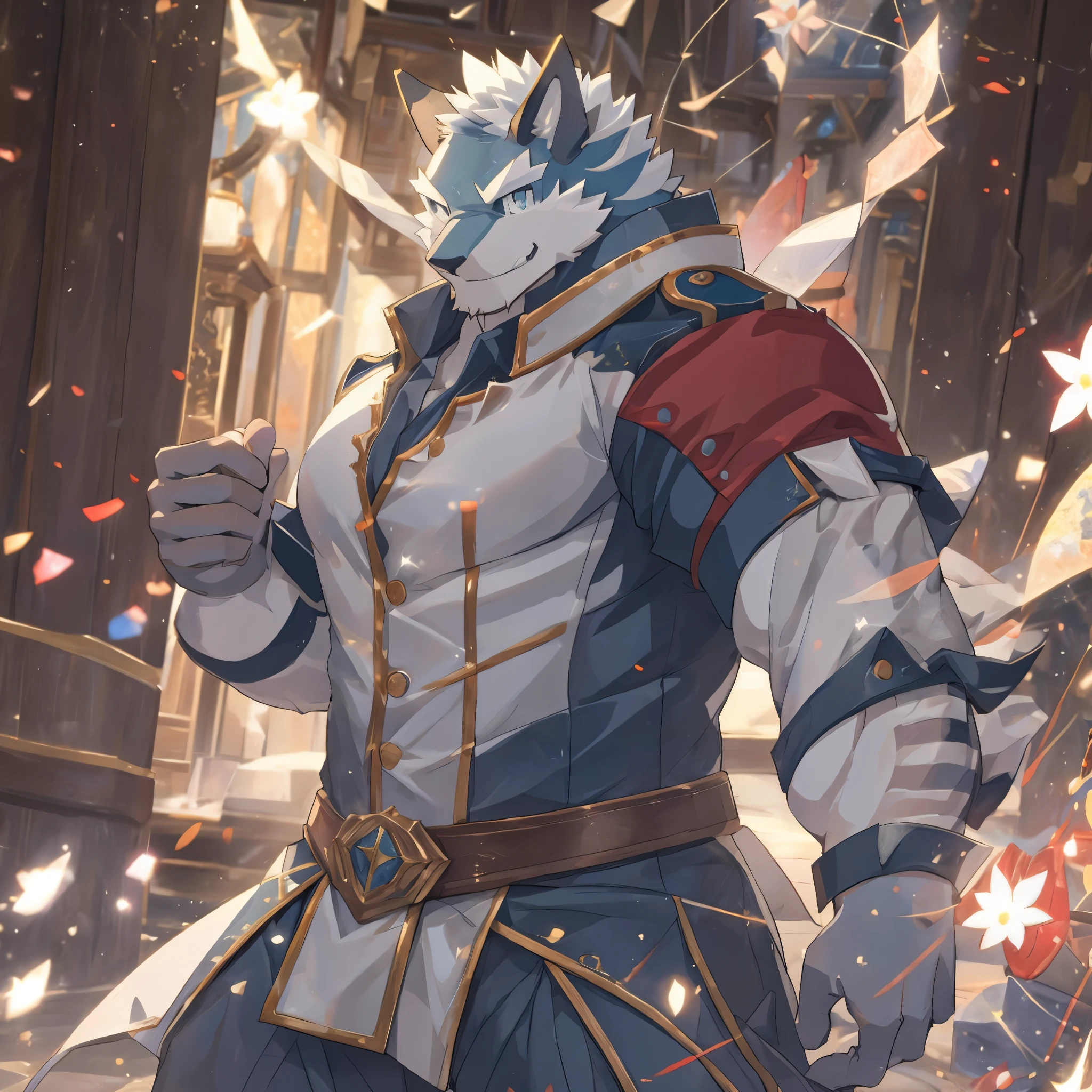 masterpiece, best quality, official art, Extremely detailed CG unified 8k wallpaper, Super detailed, Best Illustration, best shadow, perfect lighting,tall and strong,Smile,depth of field, perfect lighting, The highest quality of light particles),(masterpiece),sharp focus,light particles,alone, hairy,sharp eyes, best quality,male,(Super detailed),超细节的,high detail,high quality,high resolution,dynamic poses, a scene in, (Super detailed), sharp focus,motion blur, depth of field,ridiculous, perfect anatomy,(masterpiece:1.2)