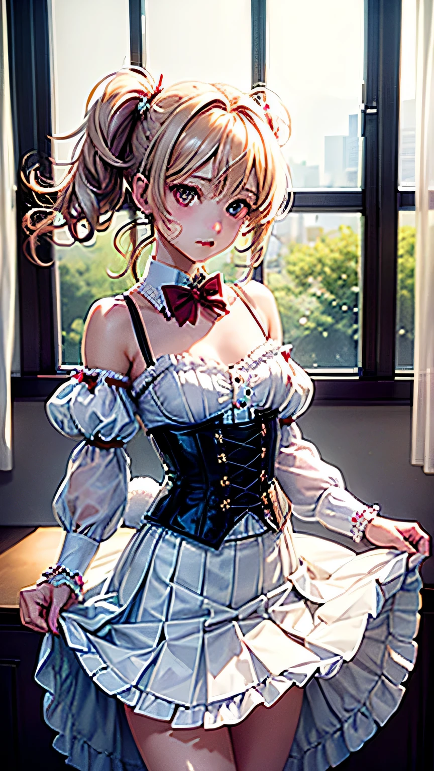 ((table top)),(((highest quality))),((超become familiar withな)),((((realistic)))),((messy hair)),((frills)),(one woman),(alone), (I focus),lipstick,dynamic angle,Big sleeves,floating,美しいbecome familiar with空,Water with beautiful details,beautiful and delicate eyes,exposed,(fist),Expressionless,Side Brand Van,Rabbit between the eyes,ribbon,A bow tie,button,bare shoulders,(((small breasts))),become familiar with,Blanc Stare,pleated skirt,flowers、((White corset suit))、(((By the window in a dimly lit luxury hotel bedroom)))、(Try it yourself Skirt lift:1.5),