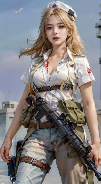 Ultra-clear,8K,High quality drawing,daughter, a quality, top quality, Beautiful big breasts, beautiful, luster,Next to the missile vehicle, masterpiece, cat eye,White军装,Raised sexy,chest baring,Naval equipment,short skirt, Big wavy blonde,With a military cap,fighting stance,White,Land background,(((Armed with a submachine gun:1.3))),female soldier