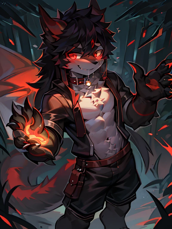 Artificial Intelligence Dragon Man，full body portrait，the only person，solo，Furry orcs，dragon wolf hybrid，male，正确的male身体比例，exhibit，black shorts。A pair of dragon wings，black dragon horns，Pure dark skin，Demon avatar，Small eyes on the skin，Tentacles grow on the body，red striped，sharp claws，Slobber，dark circles，red eyes，glowing eyes，Sports socks，White satchel，Play in the forest，Lovely，Charm，Handsome，A knowing smile，Open palms，Lovely肉垫，collar，long hair，black toga，special effects_red lightning