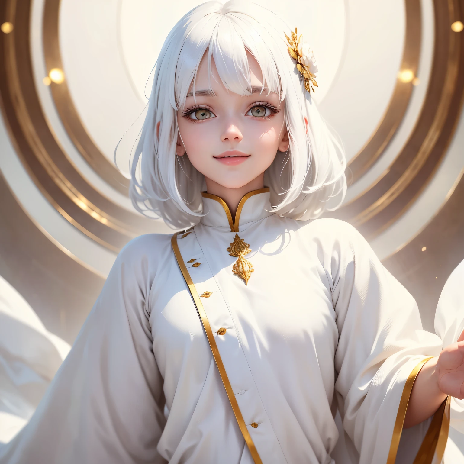 best quality, white hair, gold eyes, white clothes, looking up, upper body, hair strand, Fair skin, smiling