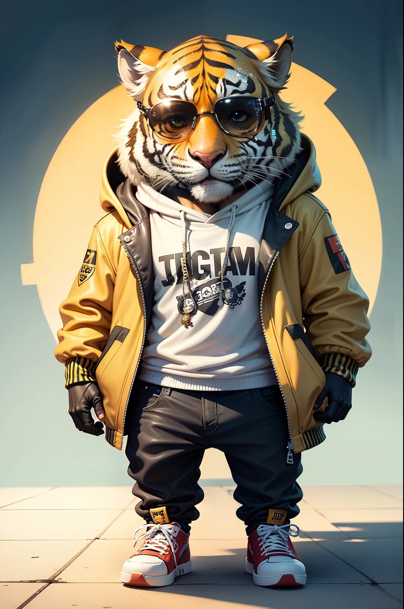 C4tt4stic, Cartoon Tiger in jacket yellow and skateboard, Sunglasses,