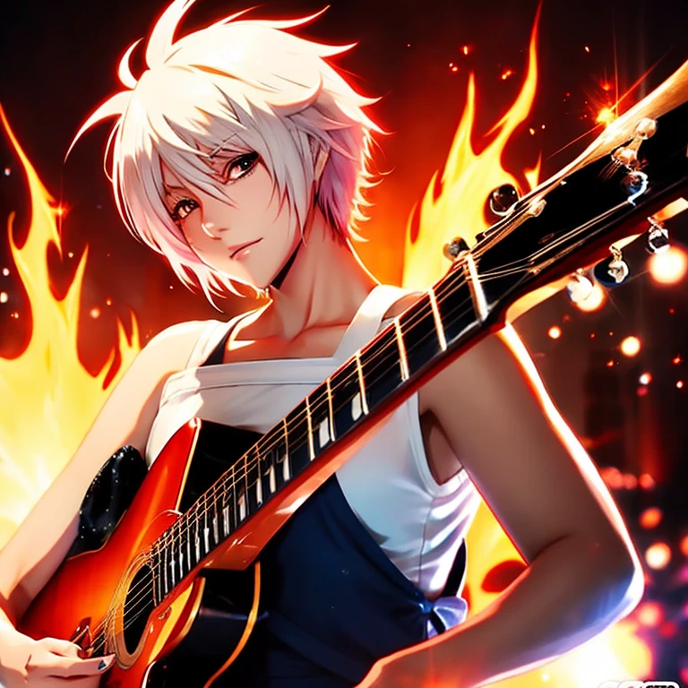 anime illustration、masterpiece、bleach short hair、strong woman、guitar、A fiery woman who takes on the challenge