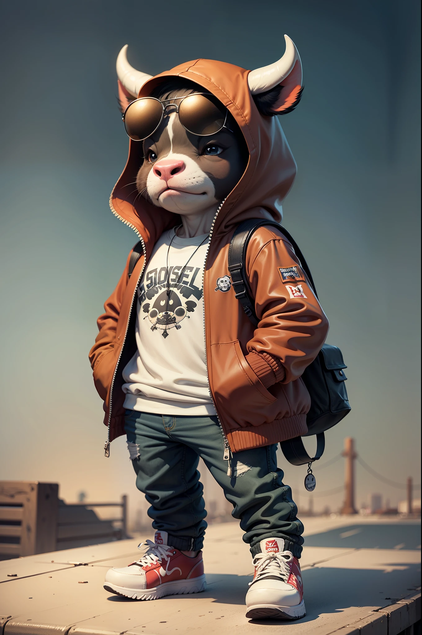 C4tt4stic, Cartoon Cow in jacket brown and skateboard, Sunglasses,