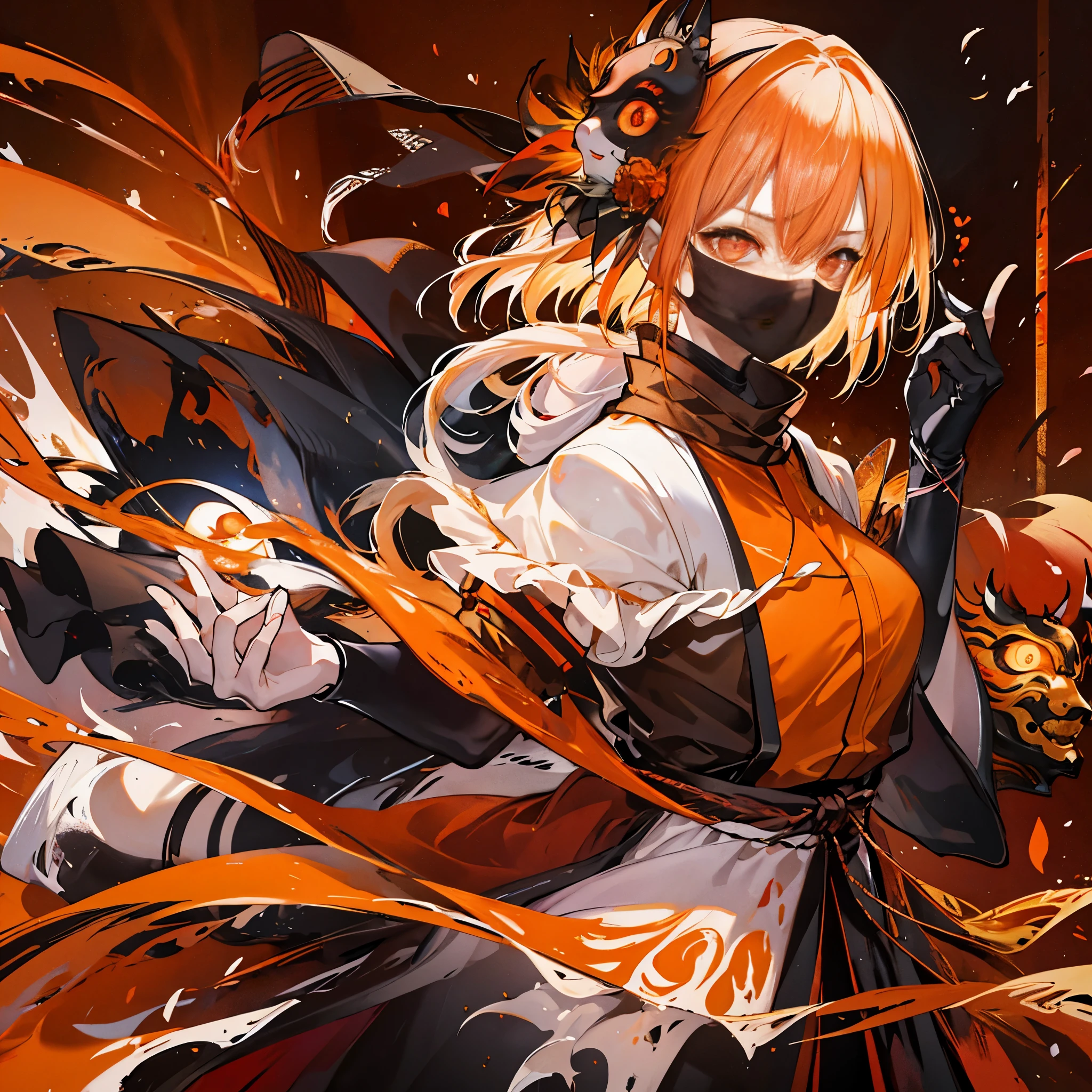 girl,orange hair,orange eyes,glowing eyes,glowing eyes,glowing eyes场合,incredible,Serious expression,japanese oni,般若mask,mask,mask,dark night,Feeling,Taoist priest,Taoist priest服,Possessed soul,spell,rebirth,neo,red scarf