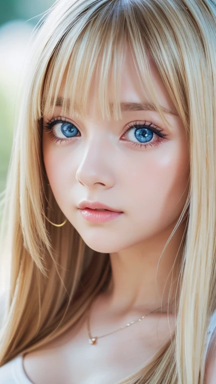 1 girl, , solo, super long hair, huge , Looking at Viewer, very beautiful bright blonde hair, Very beautiful bright light blue big eyes、very big eyes、small face beautiful girl、Very white, young and bright skin、cheek gloss highlight、bare shoulders, jewelry, long bangs between the eyes、whole body, (Highly detailed 8K wallpaper), soft lighting, high quality, film grain, Fujifilm XT3 sharp focus, F 5.6, high detail, Tits sharp focus,(natural light), (Close-up:1.2), (seductive tits), off shoulder t-shirt, Reality, sexy