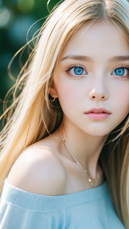 1 girl, 14 years old, solo, super long hair, huge , Looking at Viewer, very beautiful bright blonde hair, Very beautiful bright light blue big eyes、very big eyes、small face beautiful girl、Very white, young and bright skin、cheek gloss highlight、bare shoulders, jewelry, long bangs between the eyes、whole body, (Highly detailed 8K wallpaper), soft lighting, high quality, film grain, Fujifilm XT3 sharp focus, F 5.6, high detail, Tits sharp focus,(natural light), (Close-up:1.2), (seductive tits), off shoulder t-shirt, Reality, sexy