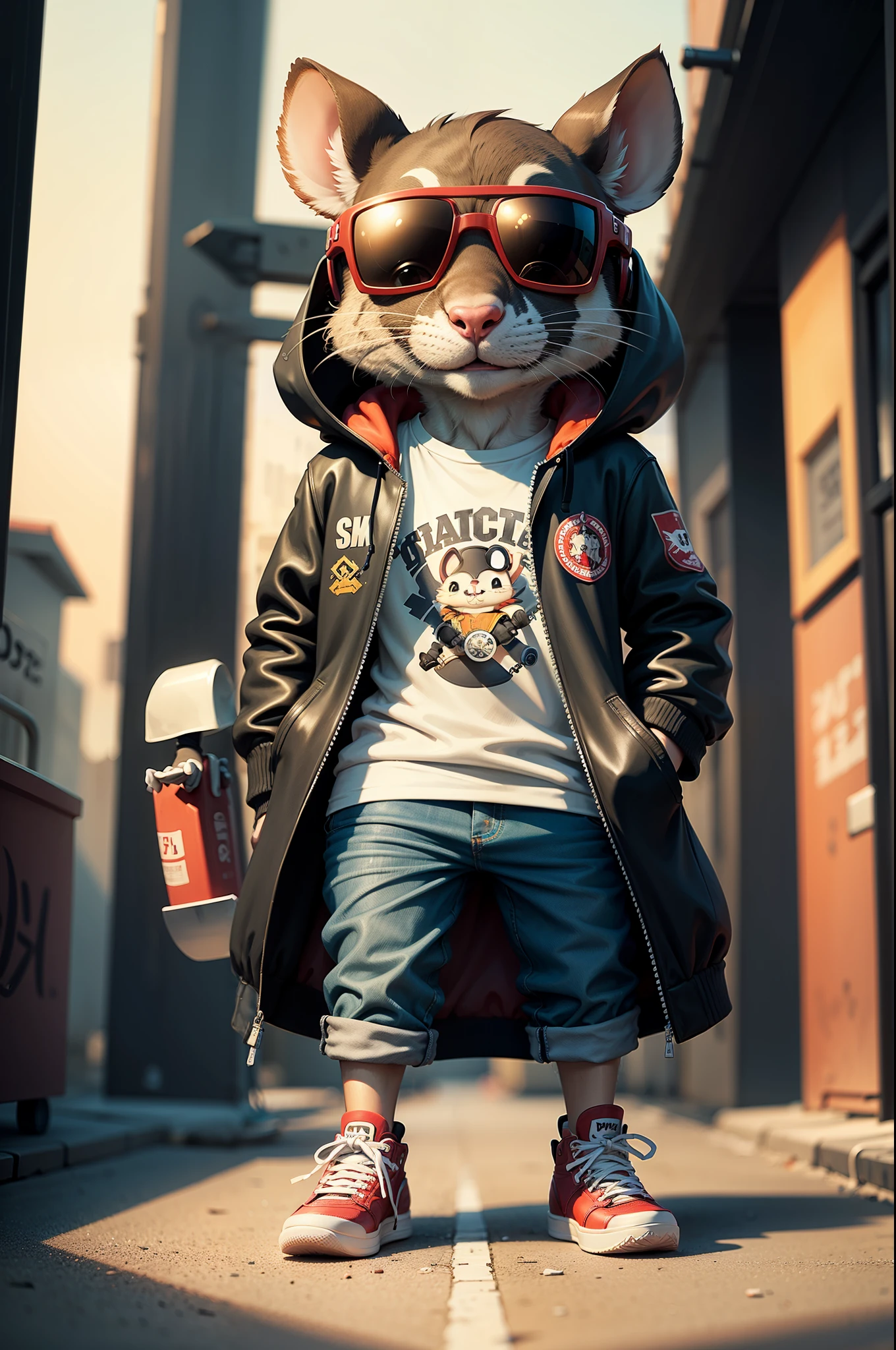 C4tt4stic, Cartoon Rat in jacket red and skateboard, Sunglasses,