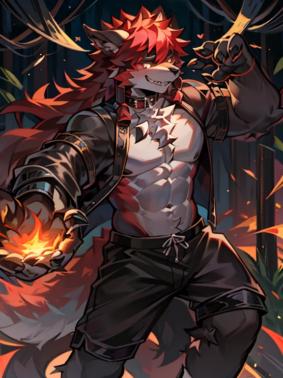 Artificial Intelligence Dragon Man,full body portrait,the only person,solo,Furry orcs,dragon wolf hybrid,male,正确的male身体比例,exhibit,black shorts,Pure dark skin,red striped,sharp claws,Play in the forest,Lovely,Charm,Handsome,Open palms,Lovely肉垫,collar,long hair,black toga,special effects_red lightning