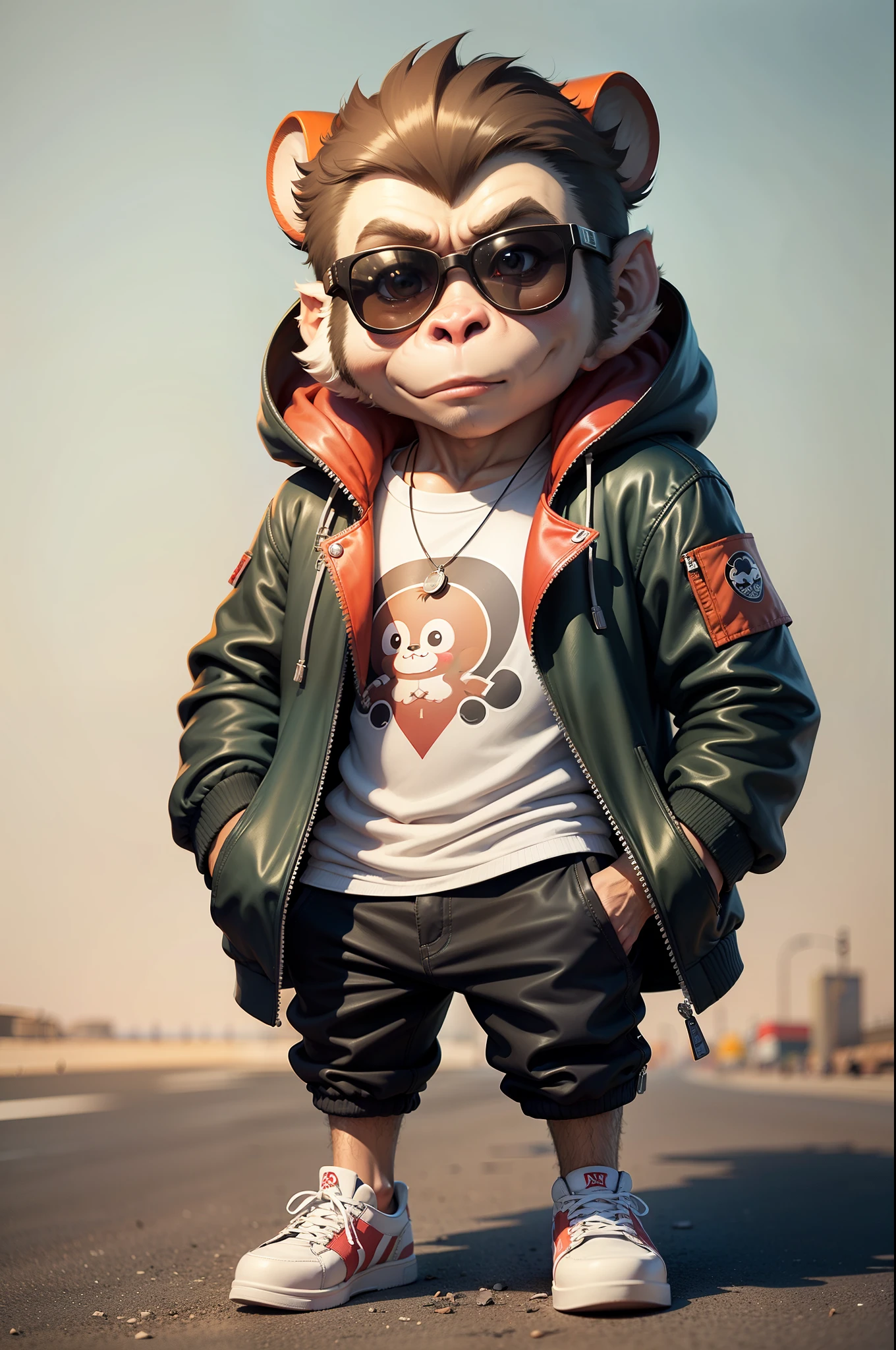 C4tt4stic, Cartoon Monkey in jacket red and skateboard, Sunglasses,