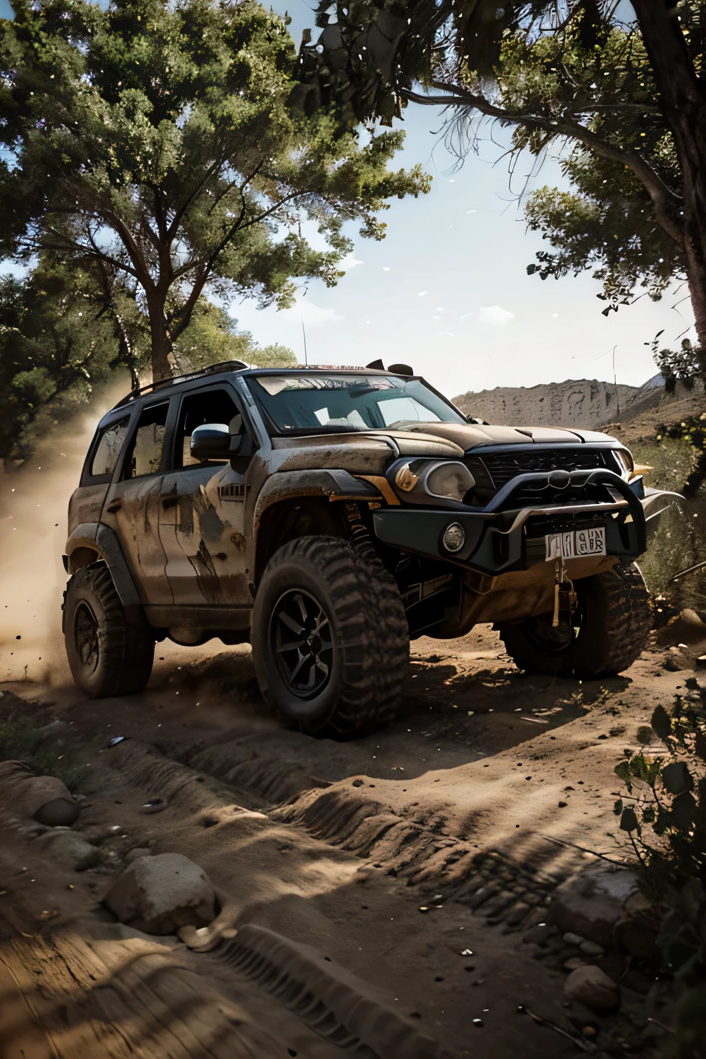 car on offroad,illustration,high contrast,rough terrain,dusty atmosphere,adventurous,sunlight filtering through the trees,deserted landscape,muddy tires,rocks and boulders,extreme sports,dirt tracks,action-packed,brave driver,stunning view,off the beaten path,adrenaline rush,nature's obstacle course,unstoppable force,muddy splashes,thrilling journey,gritty details,freedom and excitement,roaring engine,unleashed power,exciting perspective,gravel flying in the air,offroading experience,rugged beauty,unexplored wilderness,bumpy ride,jagged cliffs,secluded location,unpredictable terrain,adventure seekers, wide view. 