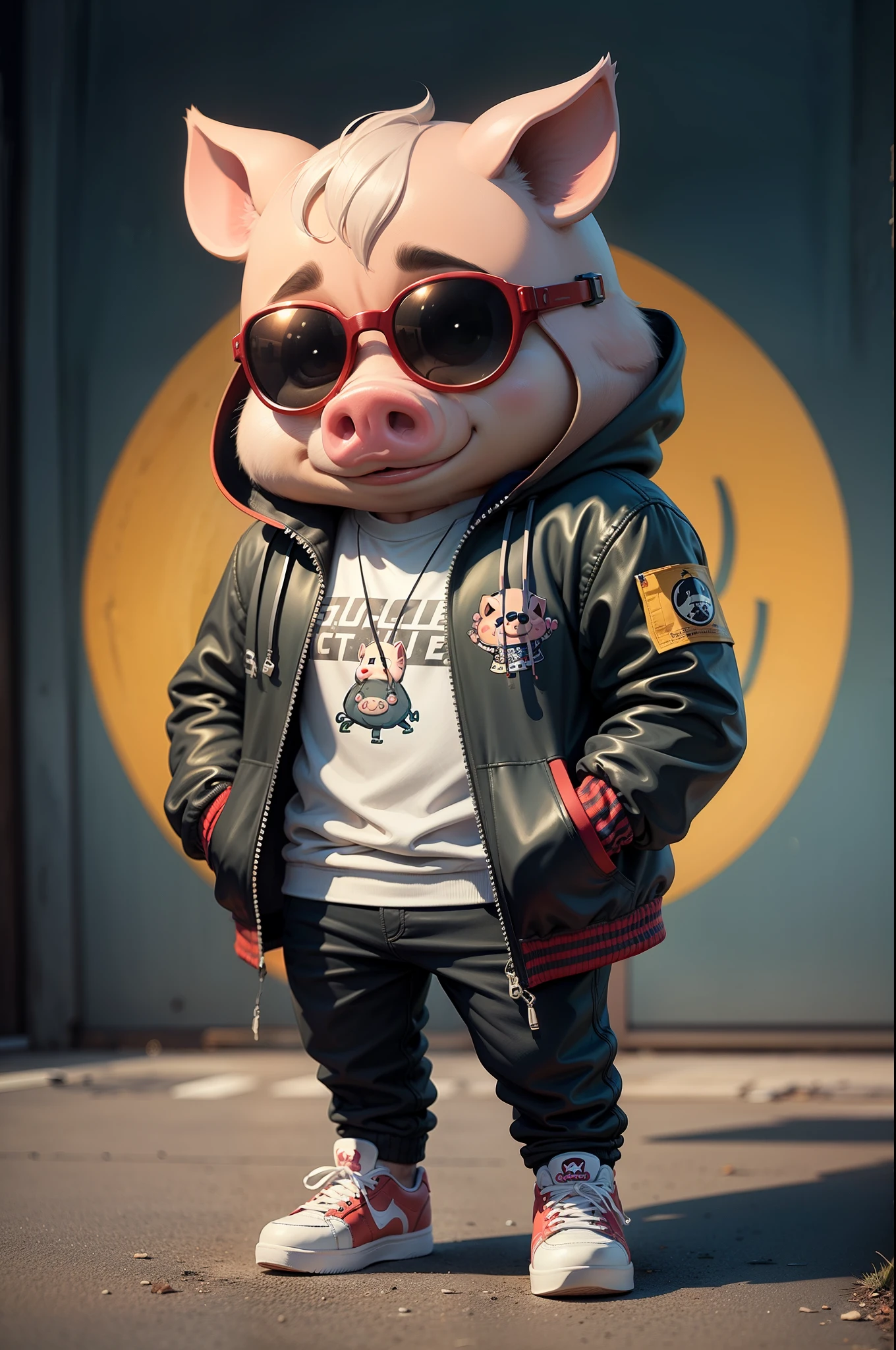 C4tt4stic, Cartoon Pig in jacket red and skateboard, Sunglasses,