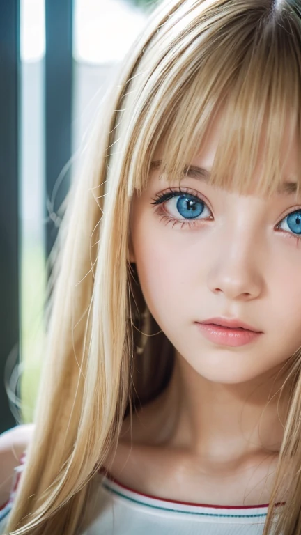 1 girl, , solo, super long hair, huge , Looking at Viewer, very beautiful bright blonde hair, Very beautiful bright light blue big eyes、very big eyes、small face beautiful girl、Very white, young and bright skin、cheek gloss highlight、bare shoulders, jewelry, long bangs between the eyes、whole body, (Highly detailed 8K wallpaper), soft lighting, high quality, film grain, Fujifilm XT3 sharp focus, F 5.6, high detail, Tits sharp focus,(natural light), (Close-up:1.2), (seductive tits), off shoulder t-shirt, Reality, sexy