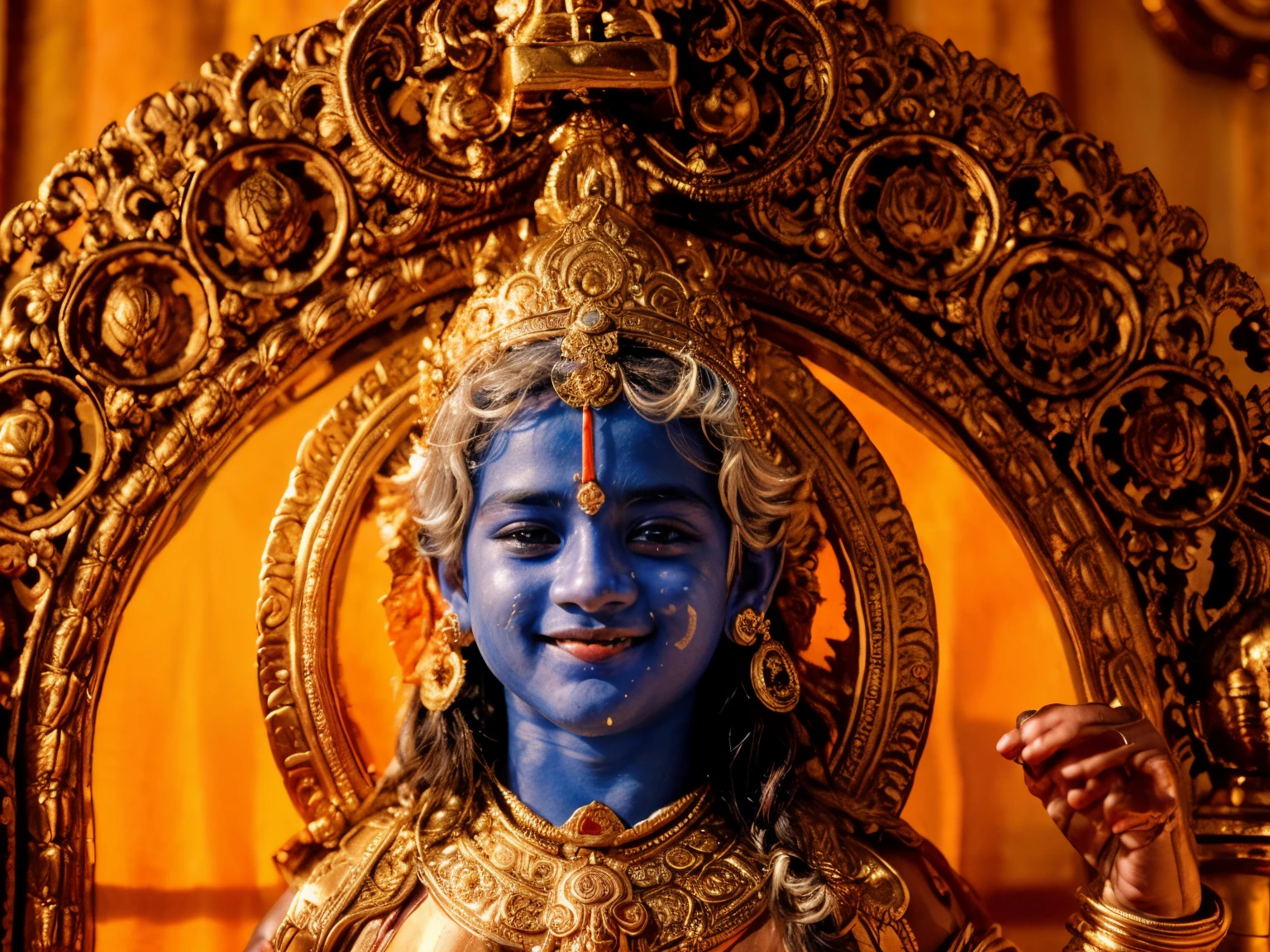 photo of a young baby boy, 13 year old, attractive male deity, indian god, hindu god, an exhausted deity, smile, beautiful, clear,bluish skin,puṣkaracūḍa,photography, nikon