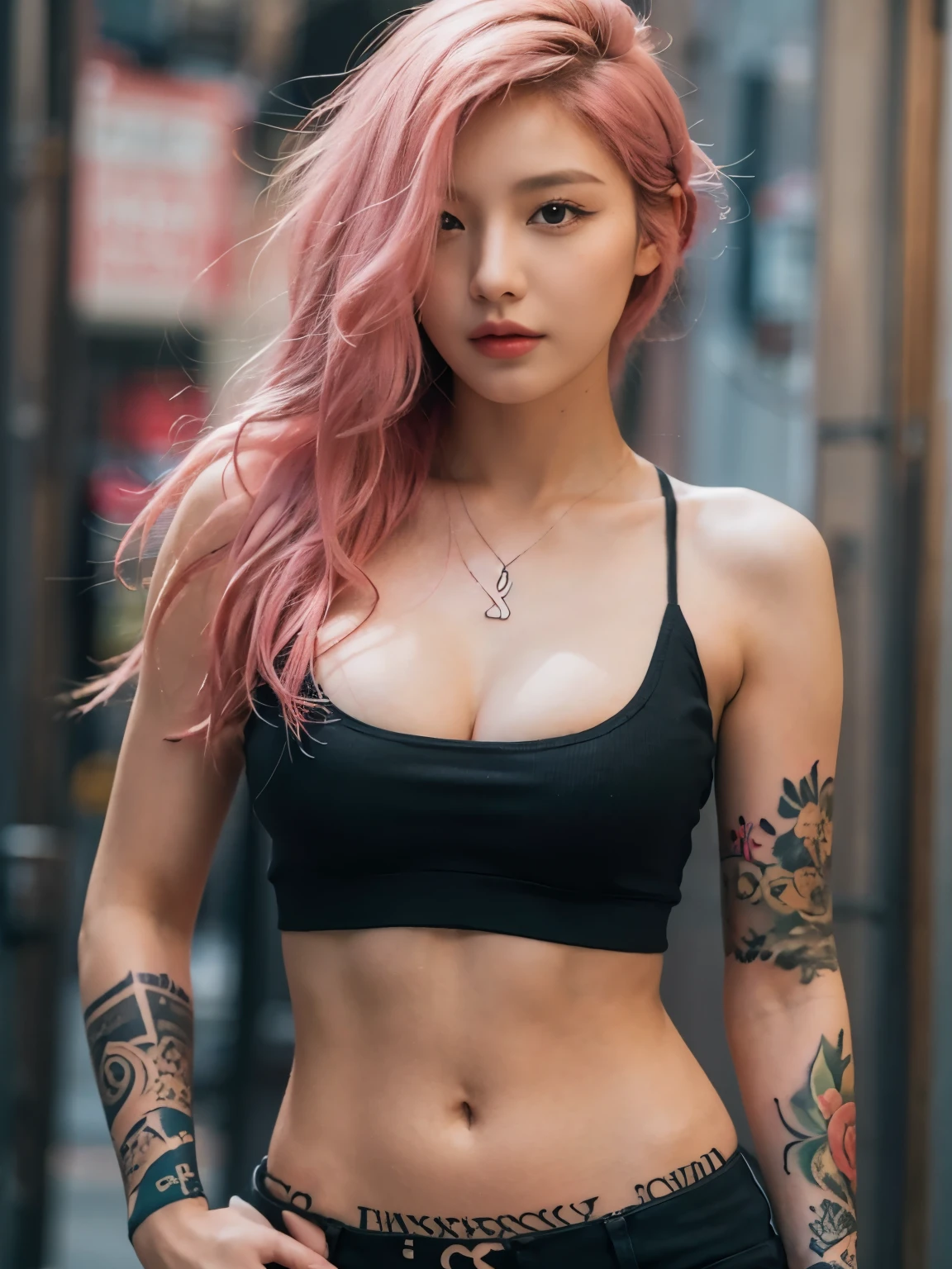 (((full body tattoo))), cleavage, Photo realistic, High resolution, detailed background, detailed beautiful skin, detailed nose, soft lighting, (solo shot:1.23), (upper body:1.1), closed shot, (breast focused:1.3), looking at viewer, (((nice hand, perfect hand))), clear eyes,// japanese lady,cleavage, pale skin, mega breasts, 20 year old, // (((wearing black tanktop))), pink hair, street snap, ((facing viewer)), at the street, ((standing)),