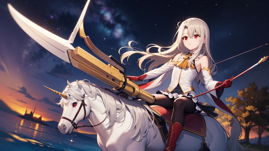 Illyasviel von Einzbern, blonde hair, hair between eyes, long hair, (red eyes:1.5),
 boots, Detached sleeves, , White gloves, Blue cloak robe, absolute chance,holding a bow and arrow，shooter，Traveling to the stars，Searching for stars at night，Wisdom field，Fall of Kongyu，divine water element，Shooting an arrow while riding a unicorn