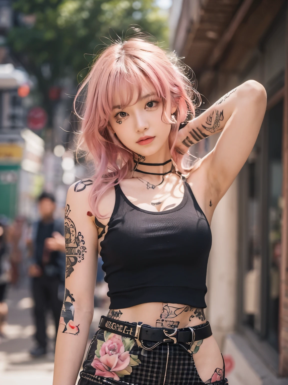 (((full body tattoo))), cleavage, Photo realistic, High resolution, detailed background, detailed beautiful skin, detailed nose, soft lighting, (solo shot:1.23), (upper body:1.1), closed shot, (breast focused:1.3), looking at viewer, (((nice hand, perfect hand))), clear eyes,// japanese lady,cleavage, pale skin, mega breasts, 20 year old, // (((wearing black tanktop))), pink hair, street snap, ((facing viewer)), at the street, ((standing)),