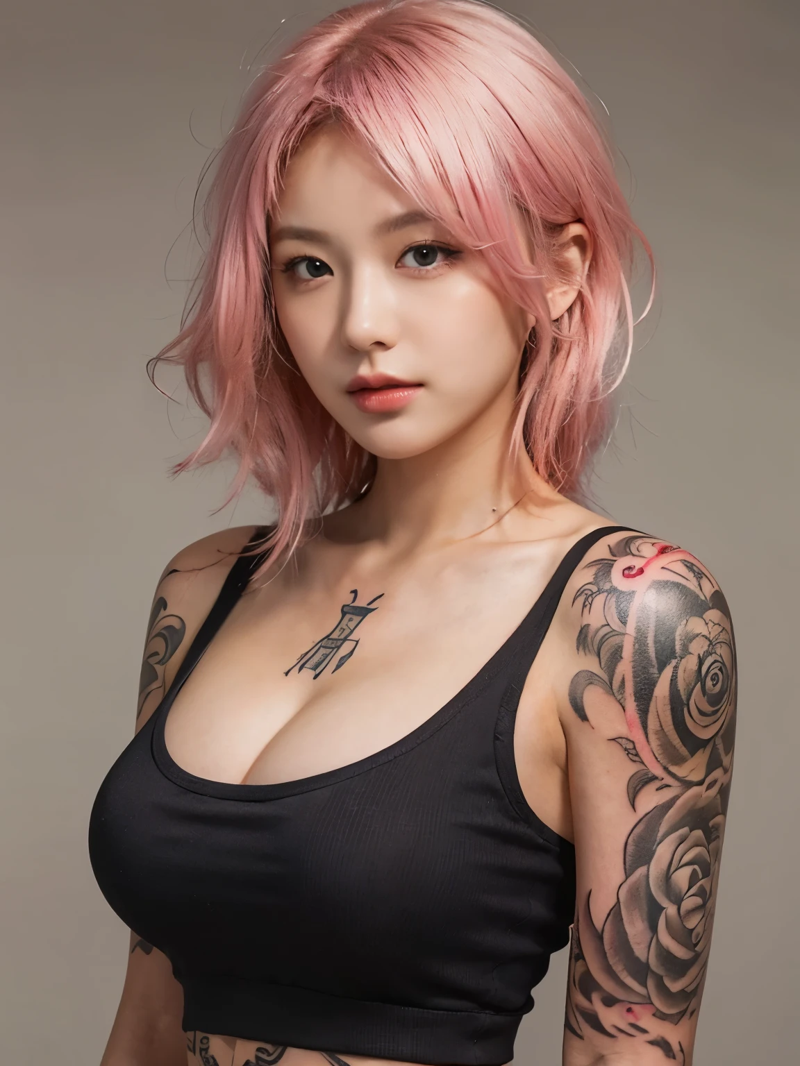 (((full body tattoo))), cleavage, Photo realistic, High resolution, detailed background, detailed beautiful skin, detailed nose, soft lighting, (solo shot:1.23), (upper body:1.1), closed shot, (breast focused:1.3), looking at viewer, (((nice hand, perfect hand))), clear eyes,// japanese lady,cleavage, pale skin, mega breasts, 20 year old, // (((wearing black tanktop))), pink hair, street snap, ((facing viewer)), at the street, ((standing)),