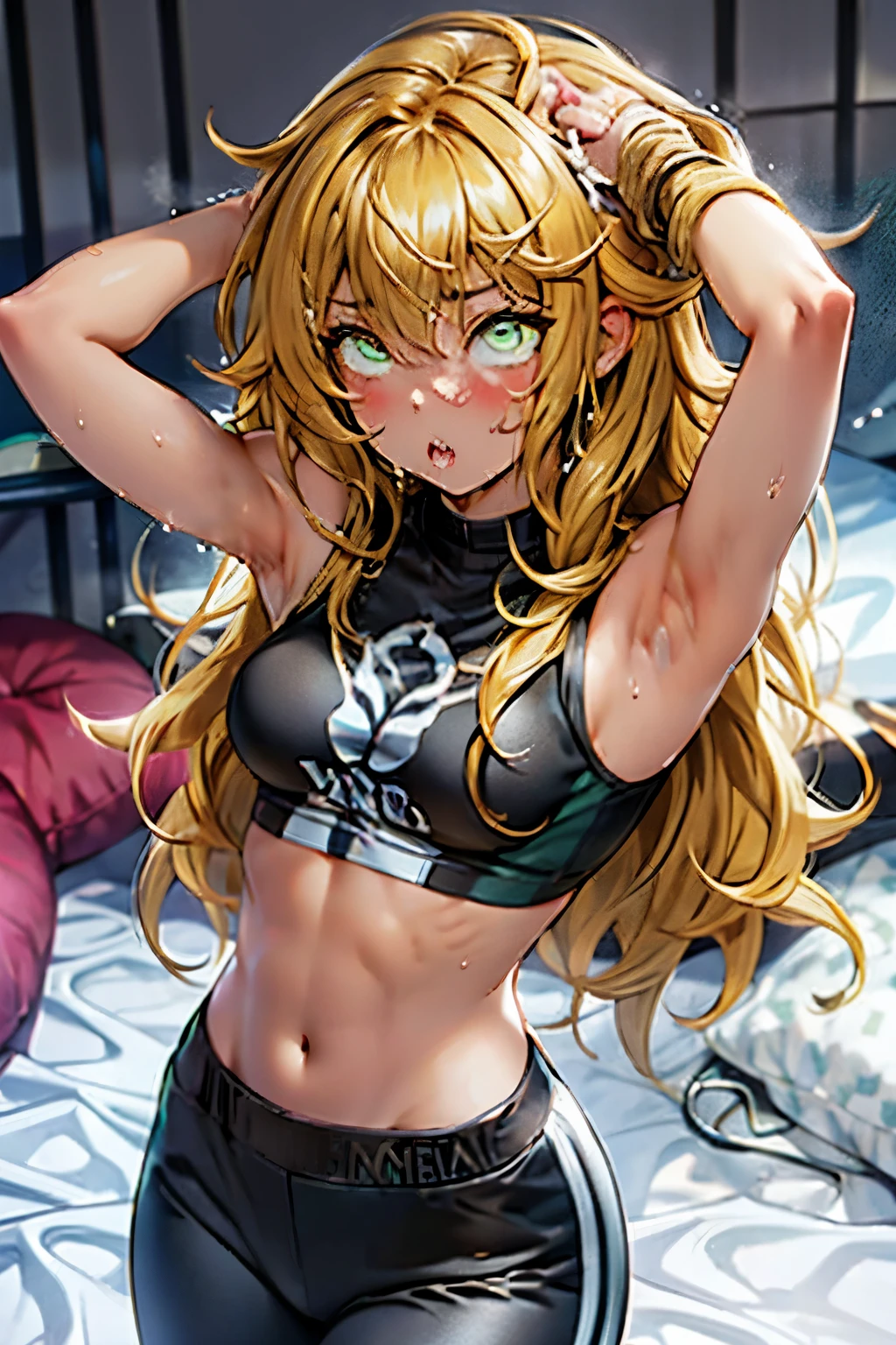 Yellow hair girl, long messy hair, black hair highlights, green eyes, black cropped shirt, with for flower, white sweatpants, madure muscle aesthetic body, in bed