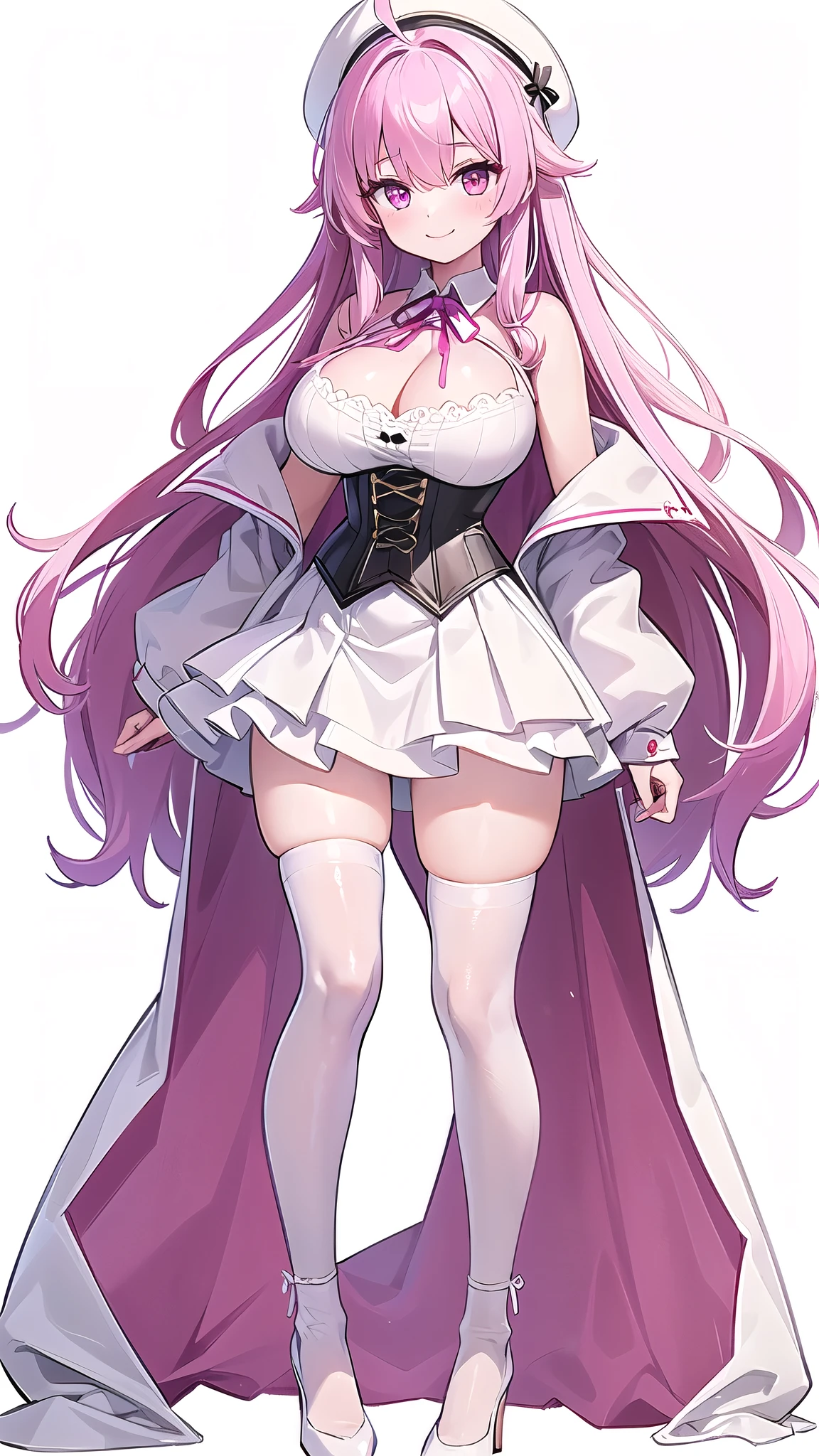 1 girl, game CG, white dress, cleavage visible, shoulders visible, corset, white short skirt, white jacket, neck ribbon, white beret, (gigantic breasts:1.2), pink hair, long hair, straight hair, ahoge, pink eyes ,(white background:1.1), full body, toe, standing, smiling,