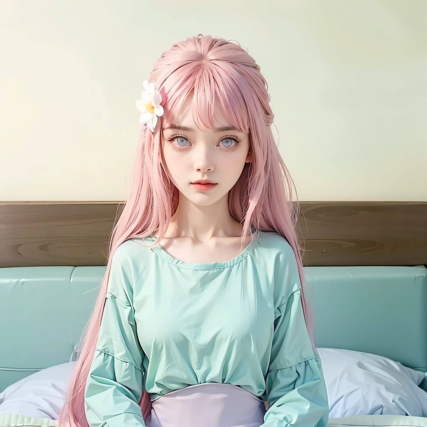 Pretty girl,pink hair,long hair,light purple eyes,