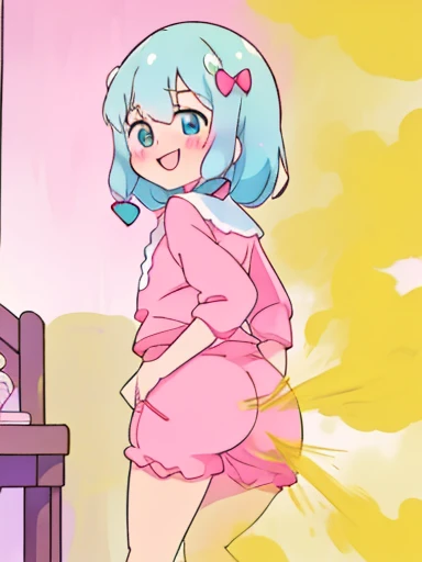 Sagiri Izumi、8K、muste piece、anime、fart、shyness、blush、lots of gas、Gas comes out of the butt、blue eyes、pink pajamas、pink shorts、girl&#39;s room、dynamic pose、stick out your butt、Hip Attack、emphasize the buttocks、Satisfied smile、