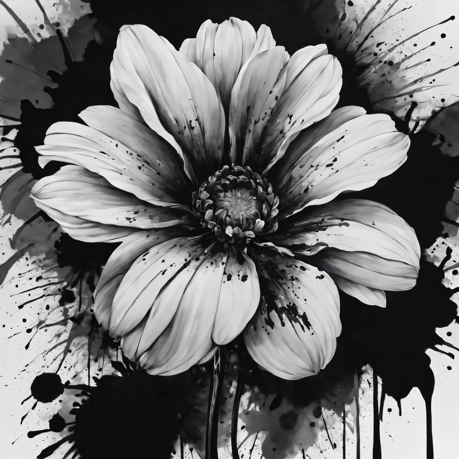 Ink splash art flower,black and white,illustration,High quality details,Super detailed,lifelike,bright colors,soft light
