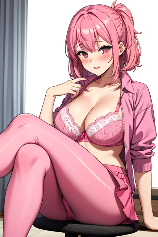Girl wearing pink bra and pink skirt and is flashing her panties. Blushing, sexy thighs, pink hair, pink panties. Big breasts. Legs crossed sitting position, pink leggings