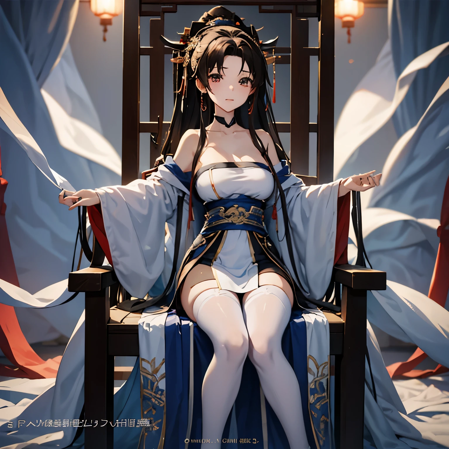 A girl wearing a，Anime style image of girl in white pantyhose sitting on chair with legs crossed, guweiz on pixiv artstation, guweiz on artstation pixiv, Popular topics on cgstation, palace ， A girl wearing Hanfu, full body xianxia, Popular topics on artstation pixiv, guweiz, seductive anime girls, by Shitao