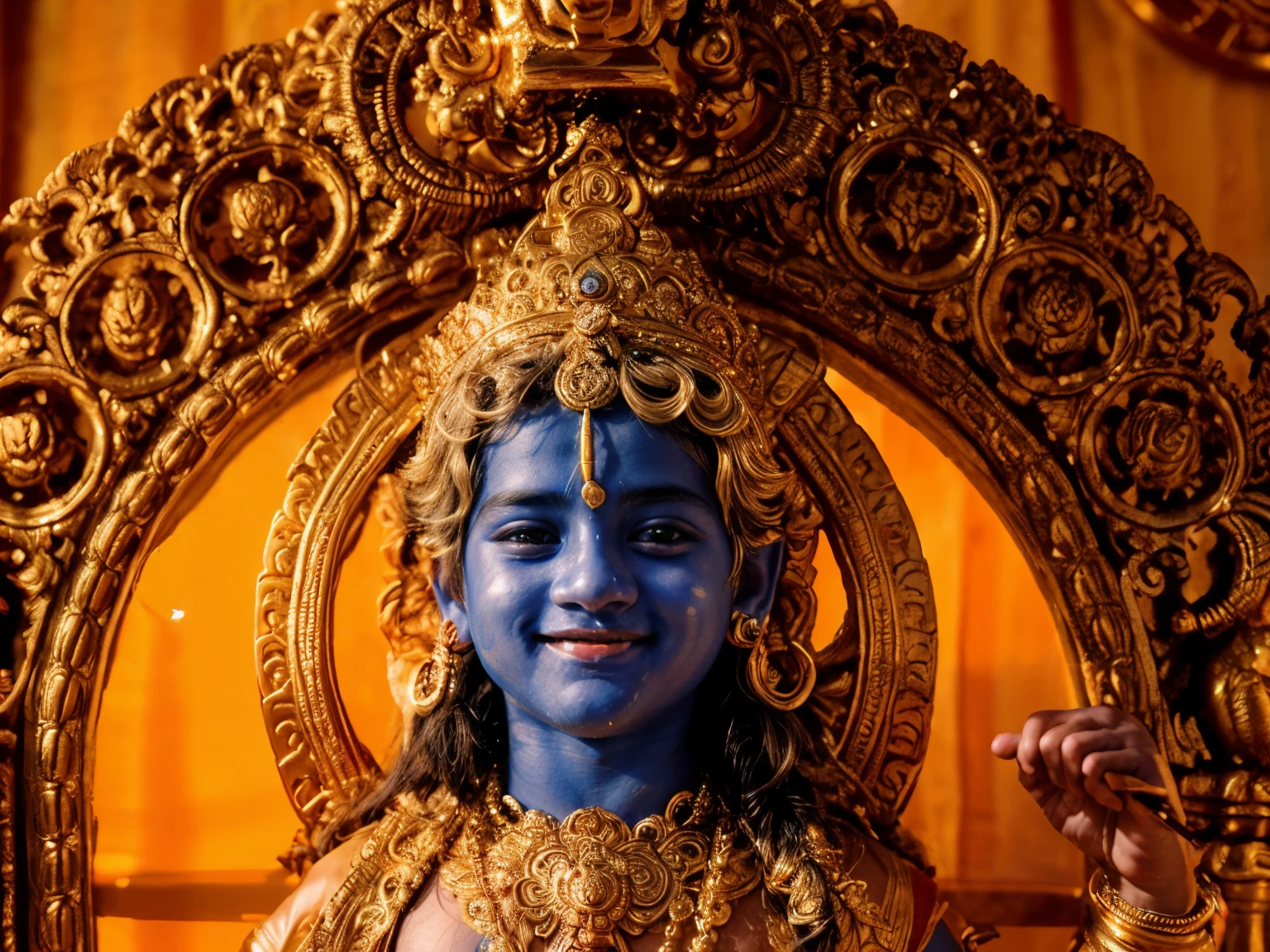 photo of a boy, 13 year olve male deity, indian god, hindu god, an exhausted deity, smile, beautiful, clear,bluish skin,puṣkaracūḍa,photography, nikon