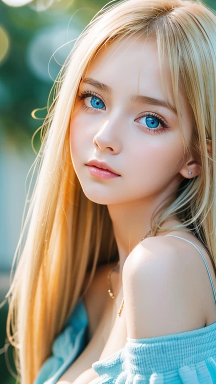 1 girl, s old, solo, super long hair, huge , Looking at Viewer, very beautiful bright blonde hair, Very beautiful bright light blue big eyes、very big eyes、small face beautiful girl、Very white, young and bright skin、cheek gloss highlight、bare shoulders, jewelry, long bangs between the eyes、whole body, (Highly detailed 8K wallpaper), soft lighting, high quality, film grain, Fujifilm XT3 sharp focus, F 5.6, high detail, Tits sharp focus,(natural light), (Close-up:1.2), (seductive tits), off shoulder t-shirt, Reality, sexy、shy and bright look
