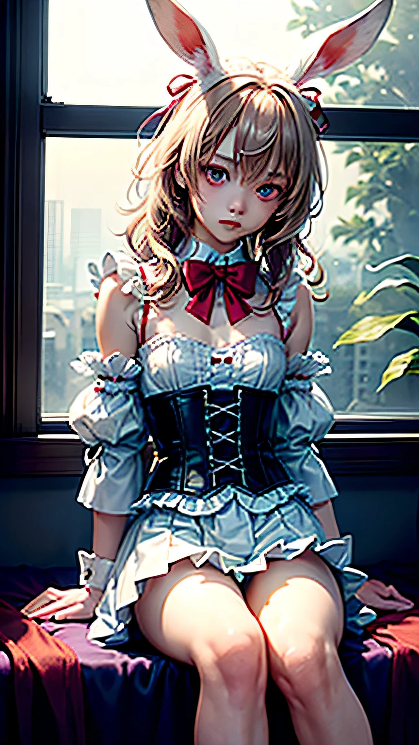 sit with legs apart, ((table top)),(((highest quality))),((超become familiar withな)),((((realistic)))), (((sit with legs apart))), ((messy hair)),((frills)),(one woman),(alone), (I focus),lipstick,dynamic angle,Big sleeves,floating,美しいbecome familiar with空,Water with beautiful details,beautiful and delicate eyes,exposed,(fist),Expressionless,Side Brand Van,Rabbit between the eyes,ribbon,A bow tie,button,bare shoulders,(((small breasts))),become familiar with,Blanc Stare,pleated skirt,flowers、((White corset suit))、(((By the window in a dimly lit luxury hotel bedroom)))、(((sit with legs apart)))