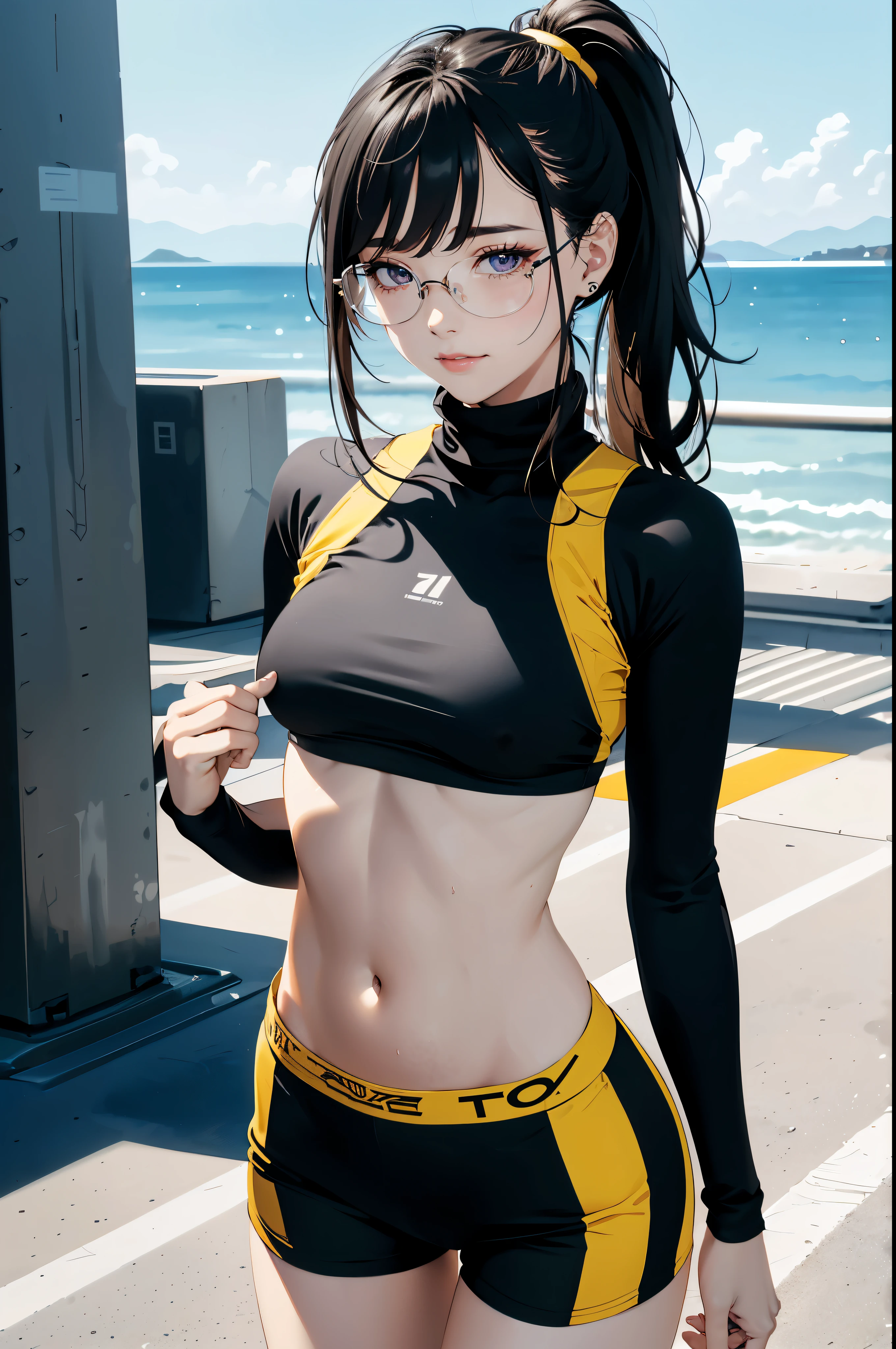 (Jogging by the sea 1.5), 1 beautiful girl, , Highly detailed face, Long hair in a ponytail,,,, smooth, ((glasses)), Smile mischievously, small breast, Thin waist, small breast, Thin waist, small hips, thighเล็ก, The abdomen has sexy lines........, thigh, sweat, body drenched
((Turtleneck tight sports bra, tight sports shorts, (Yellow and black clothes))),(((Under the breast))),((Wet clothes)),
((Running posture)), center,scale to fit the dimensions,Third rule, view:1.25,
anime, height, Sharp focus, (Very detailed, รายVery detailed), unity wallpaper 8k),((Synth Wave Background Theme)),(((bright colors))),(complex background),(Masterpiece),(best quality),